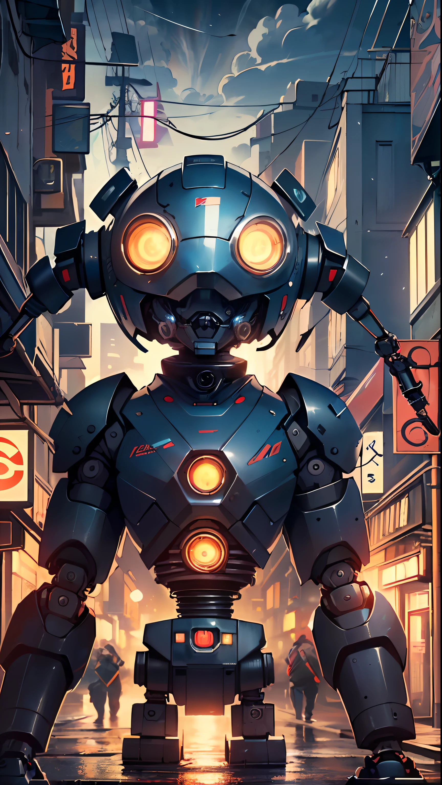 (((tiny little robot))) with ((((TV head)))). He has (((shaped like a cube with mechanical arms and legs))), and a (((screen on his face))) that displays emoticons and coded messages.
(dynamic pose:1.0), solo focus, centered, scale to fit dimensions, Rule of thirds,
outdoors, ((night view)), (cyberpunk night street Background: 1.5,dark sky,alleyway,lonely alley,thick clouds, detailed background:1.25),
(best quality), (high resolution), (sharp focus), (ultra detailed), (extremely detailed), (extremely high quality artwork), 8k_wallpaper, (extremely detailed CG 8k),(very fine 8K CG), ((hyper super ultra detailed perfect piece)), flawless, (((masterpiece))), illustration, vibrant colors, (intricate), High contrast, Selective lighting, Double exposure, HDR (High Dynamic Range), Post-processing, Background blur,