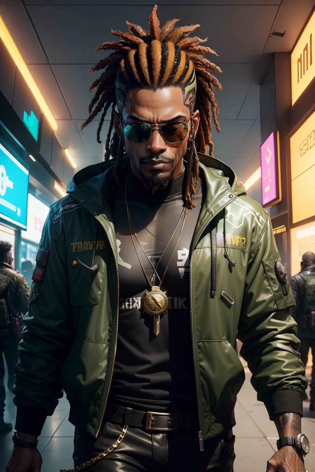 super high res, melhor qualidade, foto, 16k, (fotorrealista: 1.2), cinematic lighthing, An African American Man Who Has the Profession of Cyberpunk 2020 Middleman, He wears a mirrored sunglasses and dreads in his hair, In addition he wears a green camouflage outfit of the army and has a gold medallion in the shape of a crow. Pay meticulous attention to stunning details and achieve a resolution of 64K for an immersive and realistic visual experience. Let your work capture the essence of Cyberpunk 2020 where a tabletop role-playing game is set.