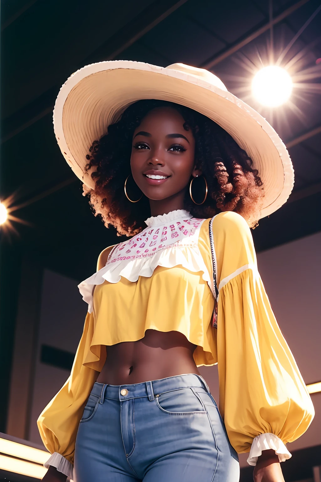 ung female , smile, dark skin tone, afro hair, a pair of sparkly bell-bottoms, a white blouse, and a funky pink cowboy hat , yellow and cyan tone, 1970s, huge ear ring, Bell-bottoms, flares, disco
(35mmstyle:1.1), front, masterpiece, , cinematic lighting, (photorealistic:1.3), high frequency details, 35mm film, (film grain), film noise, kodak proimage 100, depth of field , bokeh
