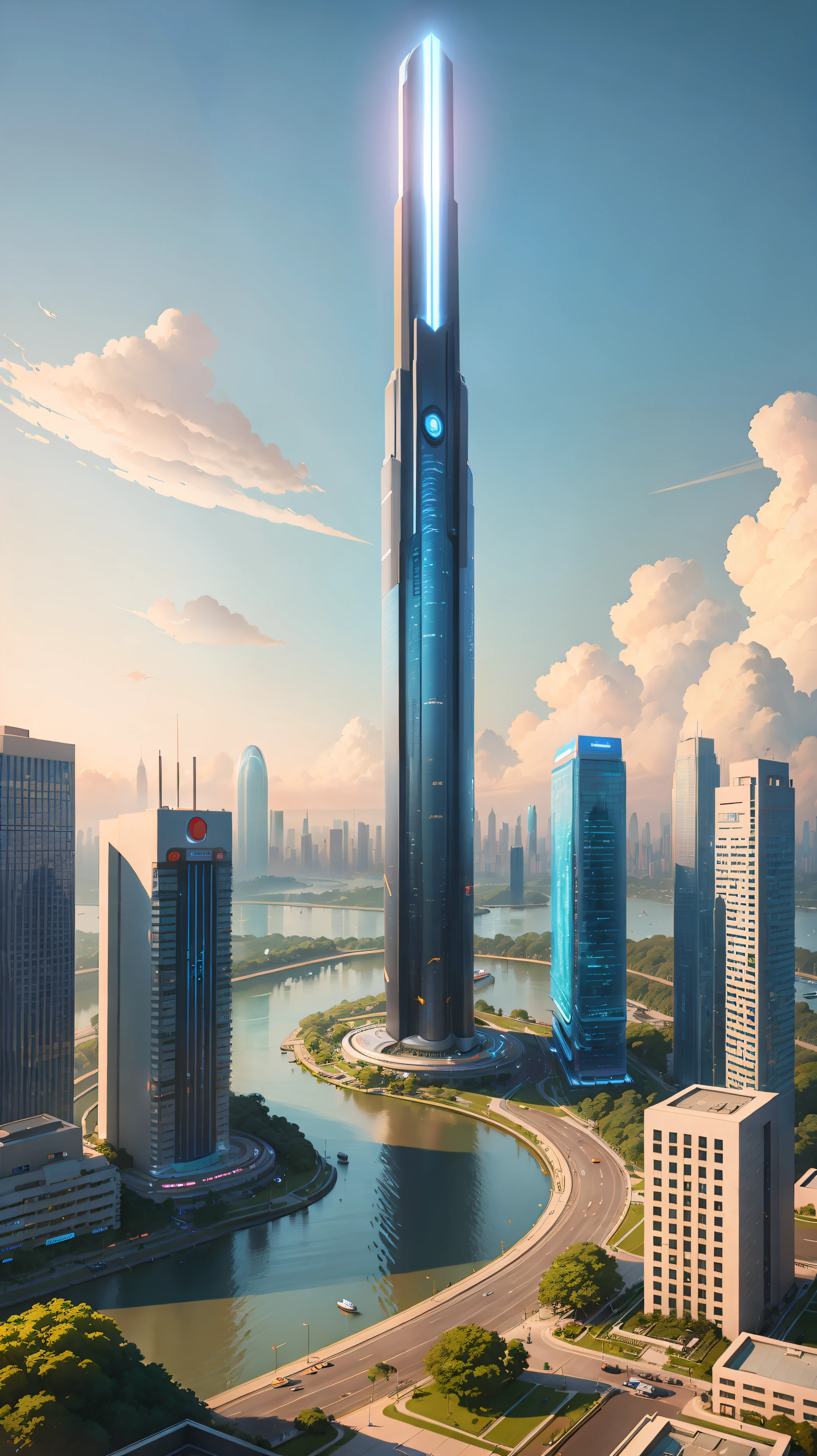 City skyline view with lake and park, illustration by Cha Shibiao, shutterstock, Art Nouveau, Shenzhen, Shenzhen, Shenzhen. Guangjian, the ultra-wide view of the urban landscape, the sci-fi buildings that break through the imagination, all buildings have a sense of technology and are full of technology. Architecture combined with lighting. Neon building. Beautiful city of the future, beautiful cityscape, tech city background, Hou porcelain, with a city in the background. Inspired by Makoto Shinkai&#39;s popular concept art and masterpieces on pixiv, vision (wide angle lens), super high resolution (fidelity: 1.4), super high quality, extremely detailed CG Unity 8k wallpapers, aesthetics, award winning photography, real High Detail, Detail Enhancement, Blur Removal, Intricacy, Traveling Art. Visually stunning. Beautiful future city, beautiful city, dream land of Chinese people, pexels, blue hour photography, Chinese dreamland, spectacular clouds, fantasy clouds.