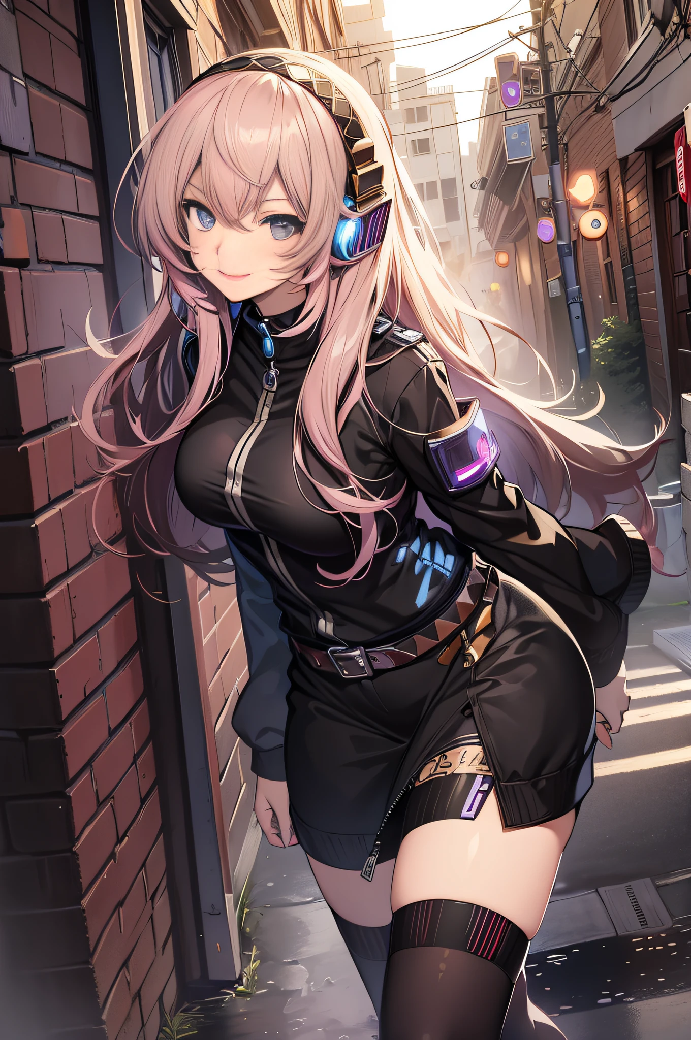 (masterpiece, best quality:1.2), solo, 1girl, megurine luka, smile, looking at viewer, headphones, lukadef, pelvic curtain, black thighhighs,street, {{{dark purple eyes, shining lower half eyes, light smile, black round pupil}}}