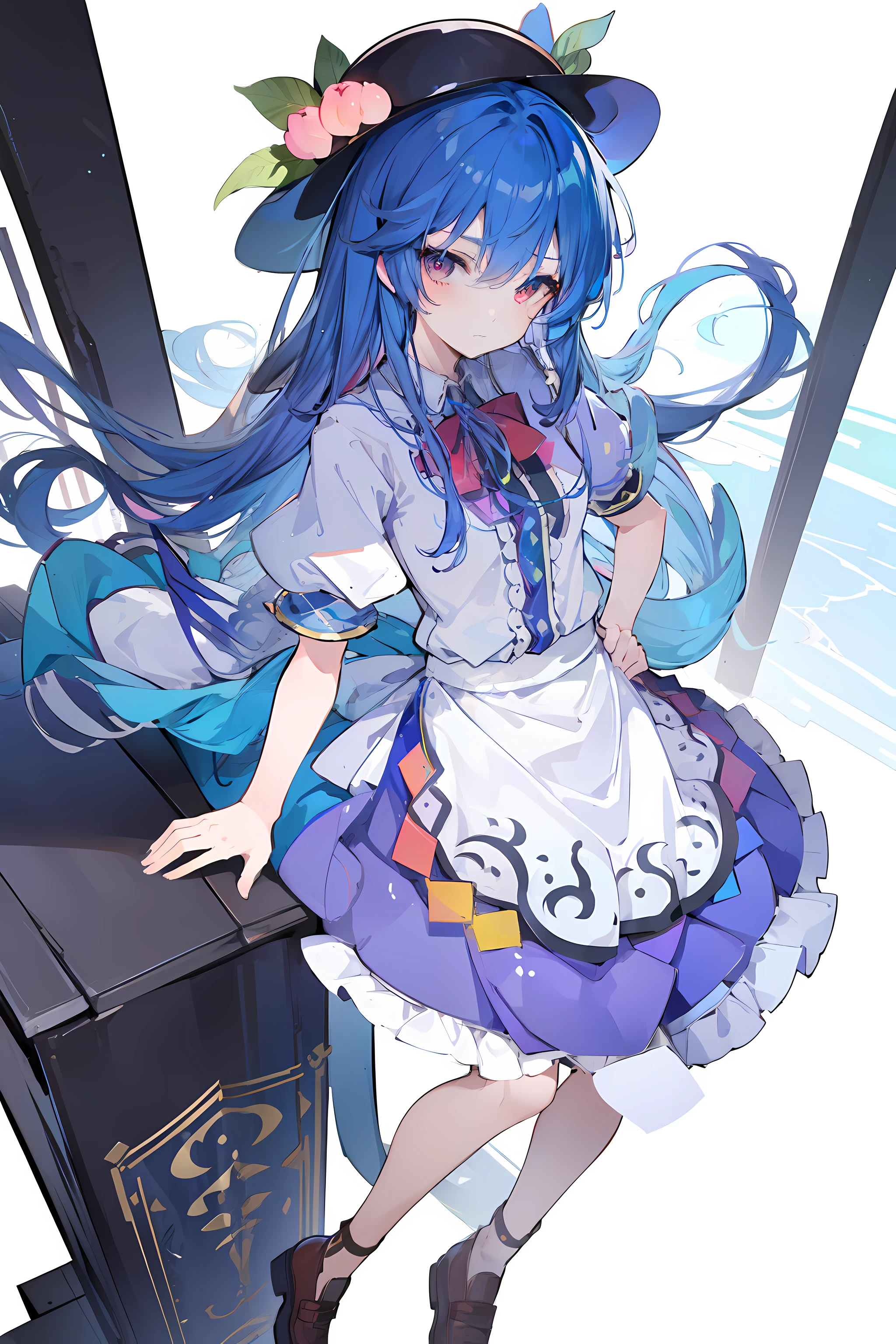 (masterpiece),best quality, expressive eyes, perfect face, 1girl,
 hands on waist,beautiful, gorgeous,anime,girl,lora,hinanawi tenshi, blue hair, blue haired, floating clothes,waist grab, grabbing waist, mains sur les hanches , hands on hips,w sitting, w sitting on ground, legs on ground, flat chest