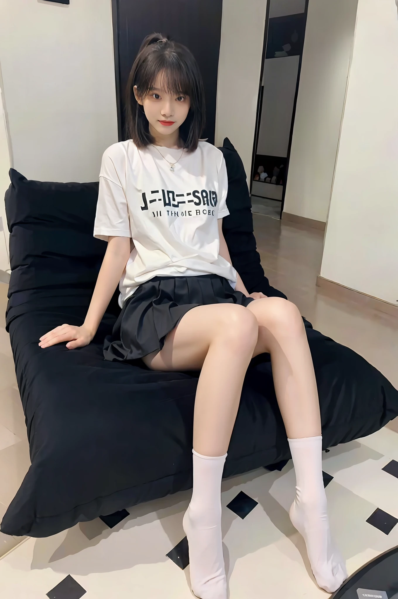 looks into camera,Pupil correction,Best quality at best,tmasterpiece,超高分辨率,(realisticlying:1.4),teens girl,Juvenile,Wear socks,High ponytail