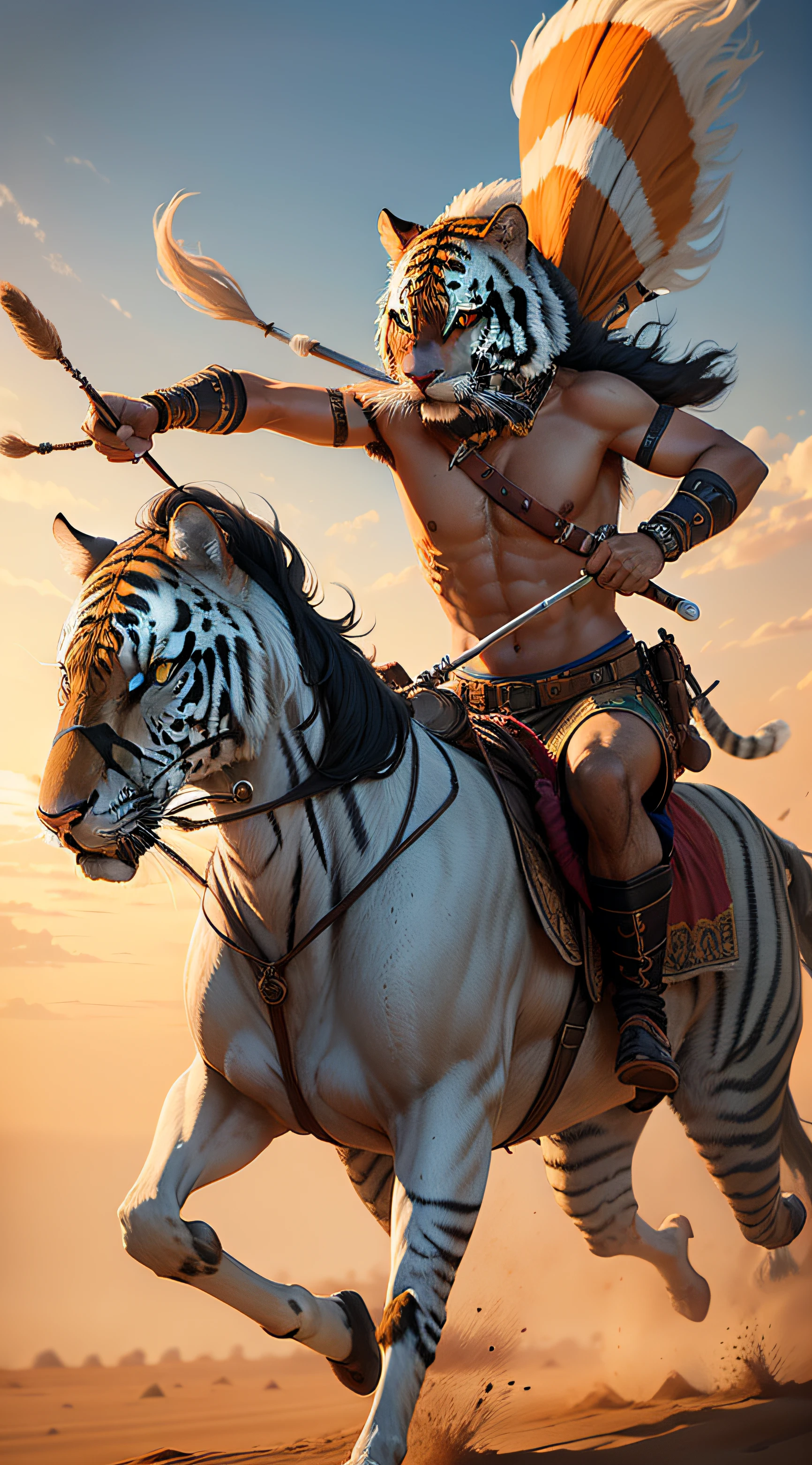 an Indian, cavalgando em um tigre, com um arco e flecha, com a face brava, correndo