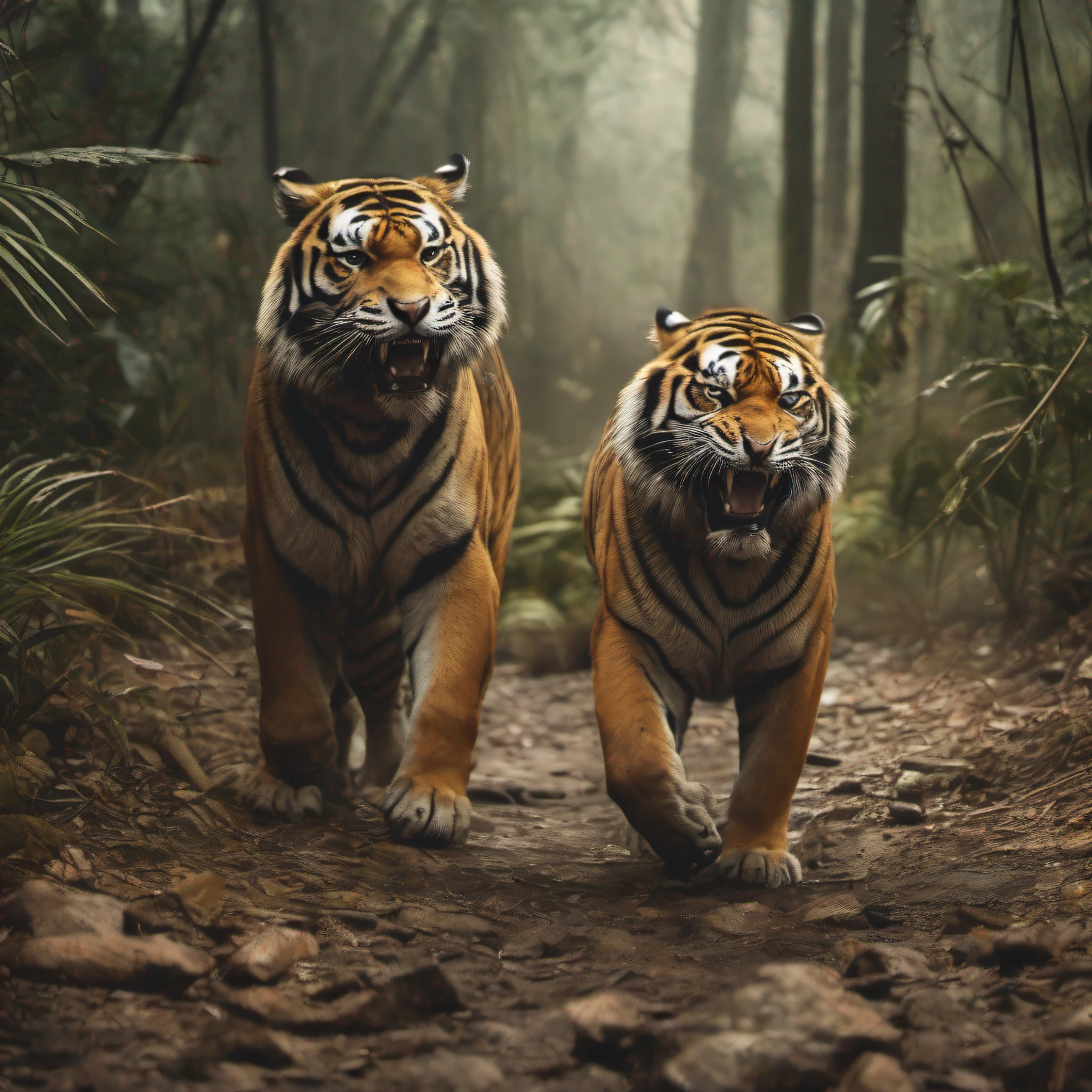 dois tigres ferozes, mordendo um no outro, apocalyptic struggle, em uma floresta, imagem realista,cinematografic,16k, Sureal,