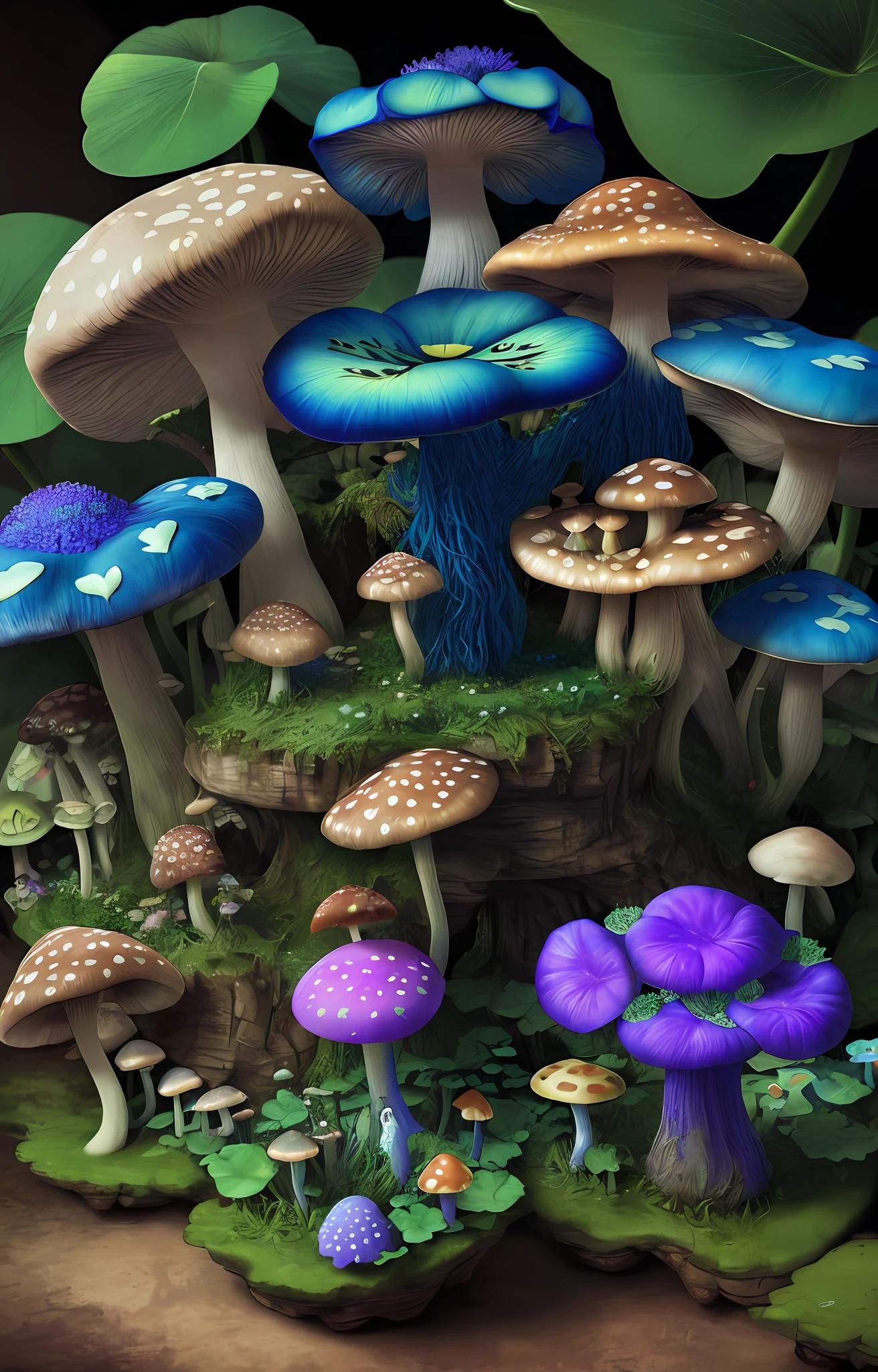 "Mushroom forest,butterflys,lotuses,morning glory,four-leaf clover,Cyber Mushroom Forest,Ultra-detailed digital fantasy art。Mushrooms are everywhere in the picture,The unique mushroom shape creates a magical casa scene。"