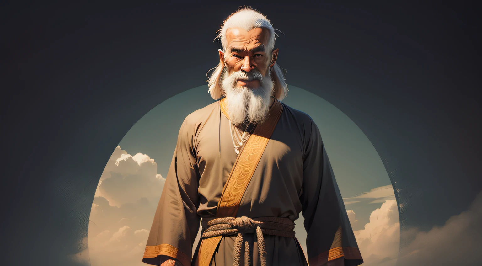 Old Sage Buddhist Master Wearing Standing Tunic, careca e com uma grande barba branca, sorridente