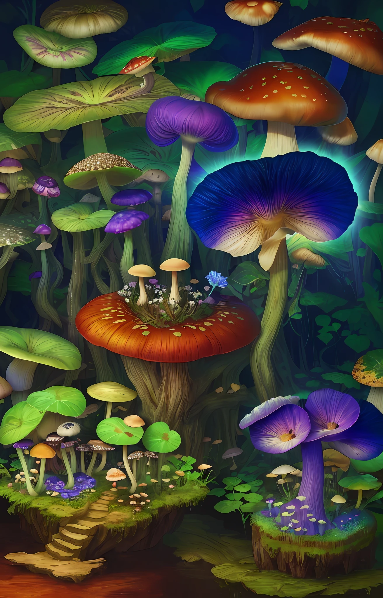 "Mushroom forest，butterflys，lotuses，morning glory，four-leaf clover，Cyber Mushroom Forest，Ultra-detailed digital fantasy art。Mushrooms are everywhere in the picture，The unique mushroom shape creates a magical casa scene。"