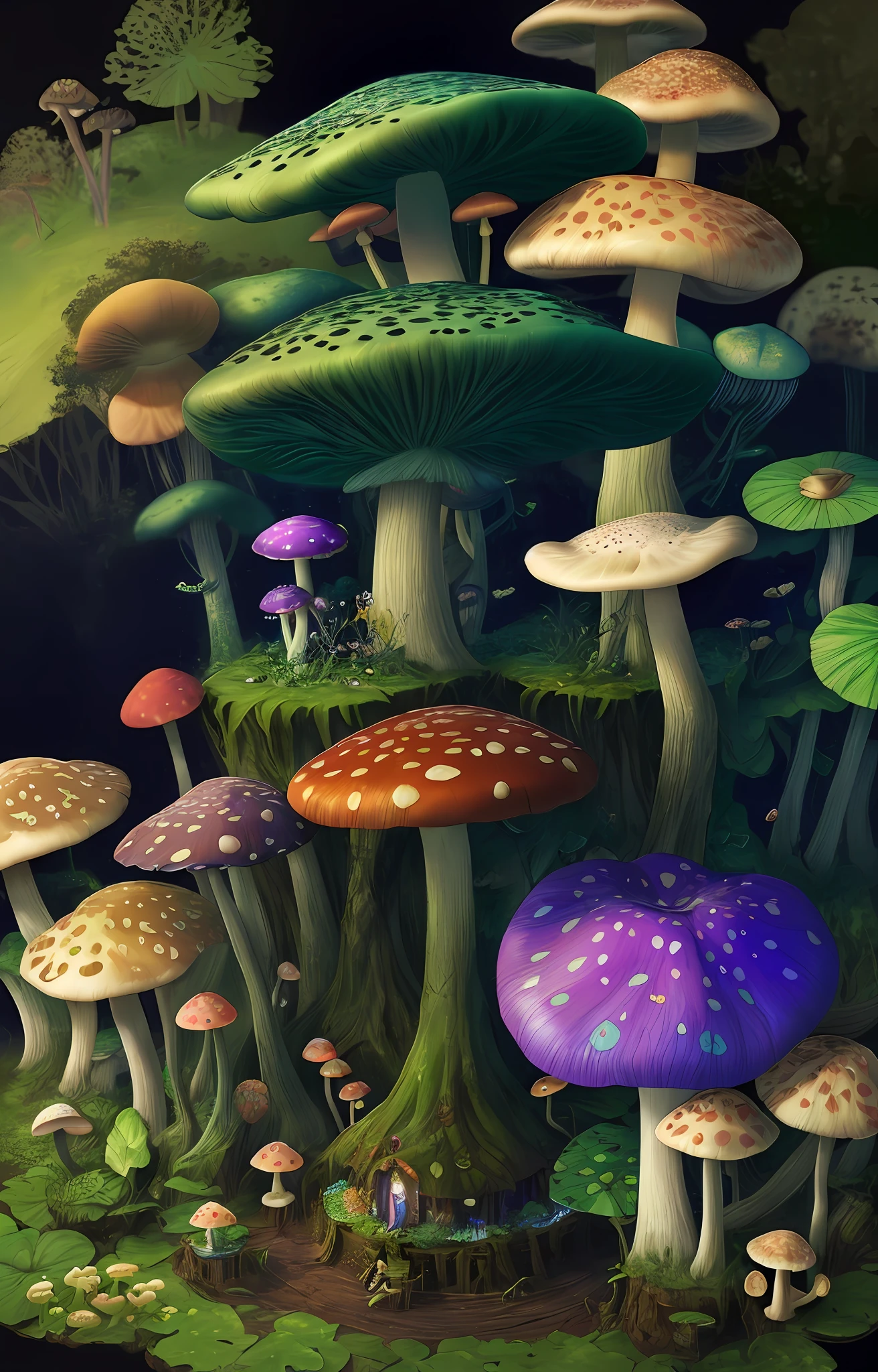 "Mushroom forest，butterflys，lotuses，morning glory，four-leaf clover，Cyber Mushroom Forest，Ultra-detailed digital fantasy art。Mushrooms are everywhere in the picture，The unique mushroom shape creates a magical casa scene。"