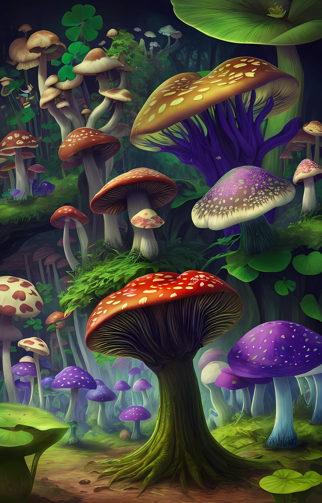 "Mushroom forest,butterflys,lotuses,morning glory,four-leaf clover,Cyber Mushroom Forest,Ultra-detailed digital fantasy art。Mushrooms are everywhere in the picture,The unique mushroom shape creates a magical casa scene。"