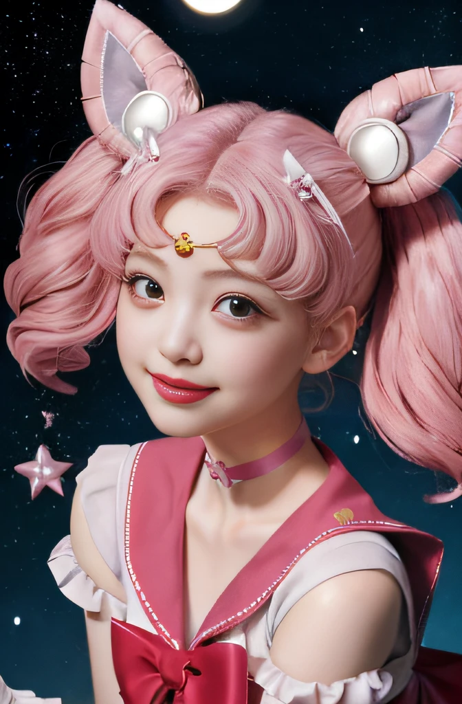 ((HD Real、Sama 1 Level)), Extreme Real, ​masterpiece, top-quality, hight resolution, SAMA1, spaces, stunning beauty, Upper body photo、1 little girl、breastsout、gloves、s lips、独奏、Sailor Chibi Moon、Chibiusa,Red Eyes、SM Uniform、Mer1、tiarra、Sailor Senshi Uniform、(Raw photography、top-quality)、​masterpiece、Pink twin tails、Pink sailor color、the bow、a choker、white glove、Pink choker、elbow groves、jewely、耳Nipple Ring、Pink skirt、sole、full body Esbian、Pink hair、(perfect hand):3.8、octan render、goddess of the moon、 (a closeup:1.2)Beautiful eyes with fine details、a closeup、Small eyes、looking at viewert、to8contrast style、Octane line art、Universe and Moon Background、Lowered hand、no-makeup、Beautiful child smile、Short