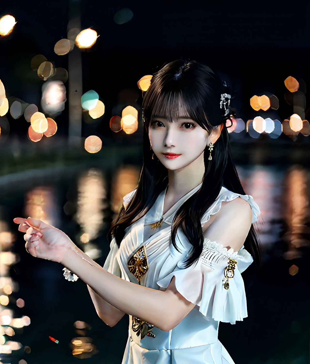 (realisticity: 1.2), best quality, masterpiece, highres, cg,
1girl, weapon, sword, long hair, dress, water, solo, jewelry, white dress, earrings, hair ornament, splashing, upper body super realistis, hair bun, black hair, city bacgraun realistis,
lighting,candid, Photograph, high resolution, 4k, 8k, Bokeh,