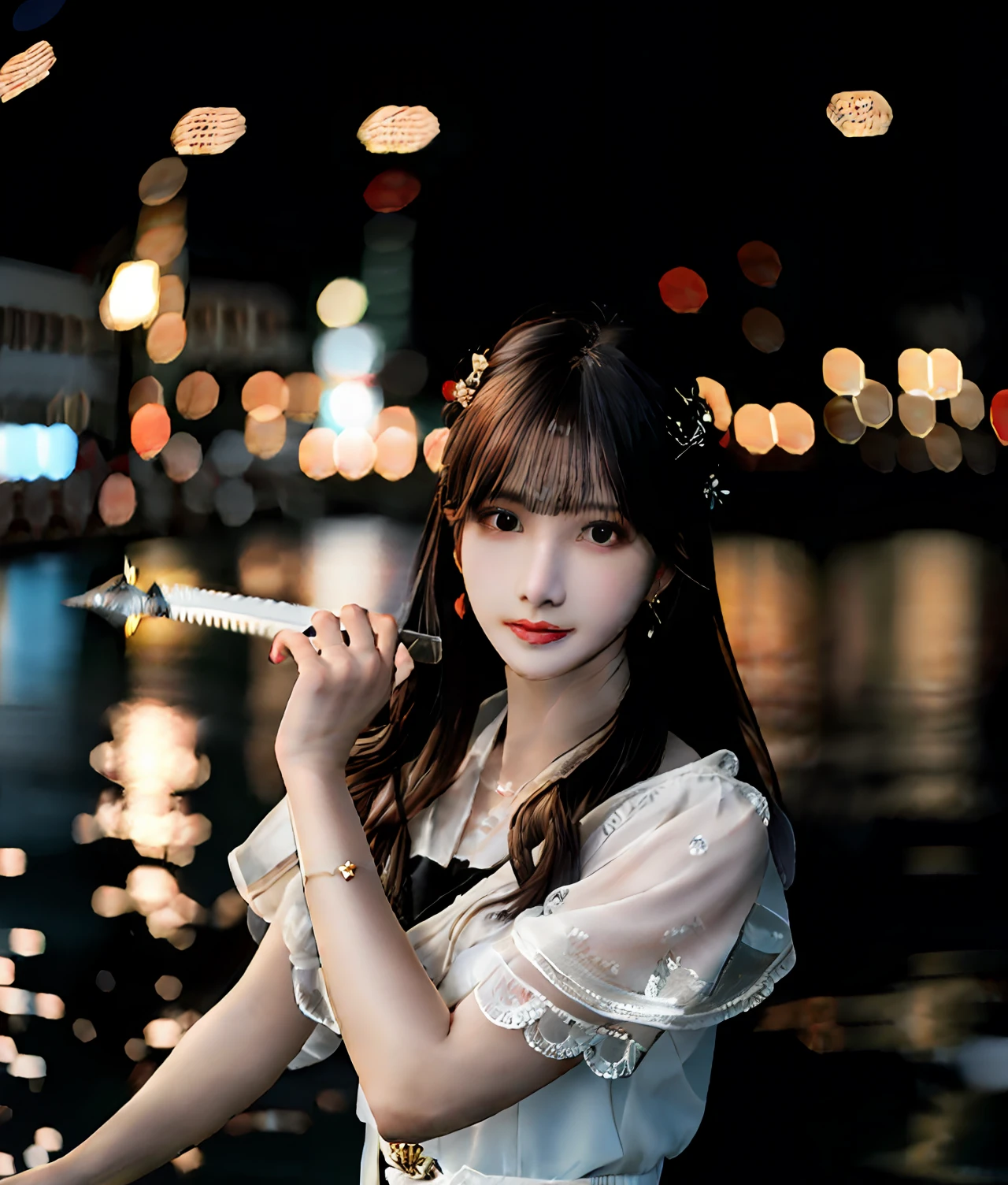 (realisticity: 1.2), best quality, masterpiece, highres, cg,
1girl, weapon, sword, long hair, dress, water, solo, jewelry, white dress, earrings, hair ornament, splashing, upper body super realistis, hair bun, black hair, city bacgraun realistis,
lighting,candid, Photograph, high resolution, 4k, 8k, Bokeh,