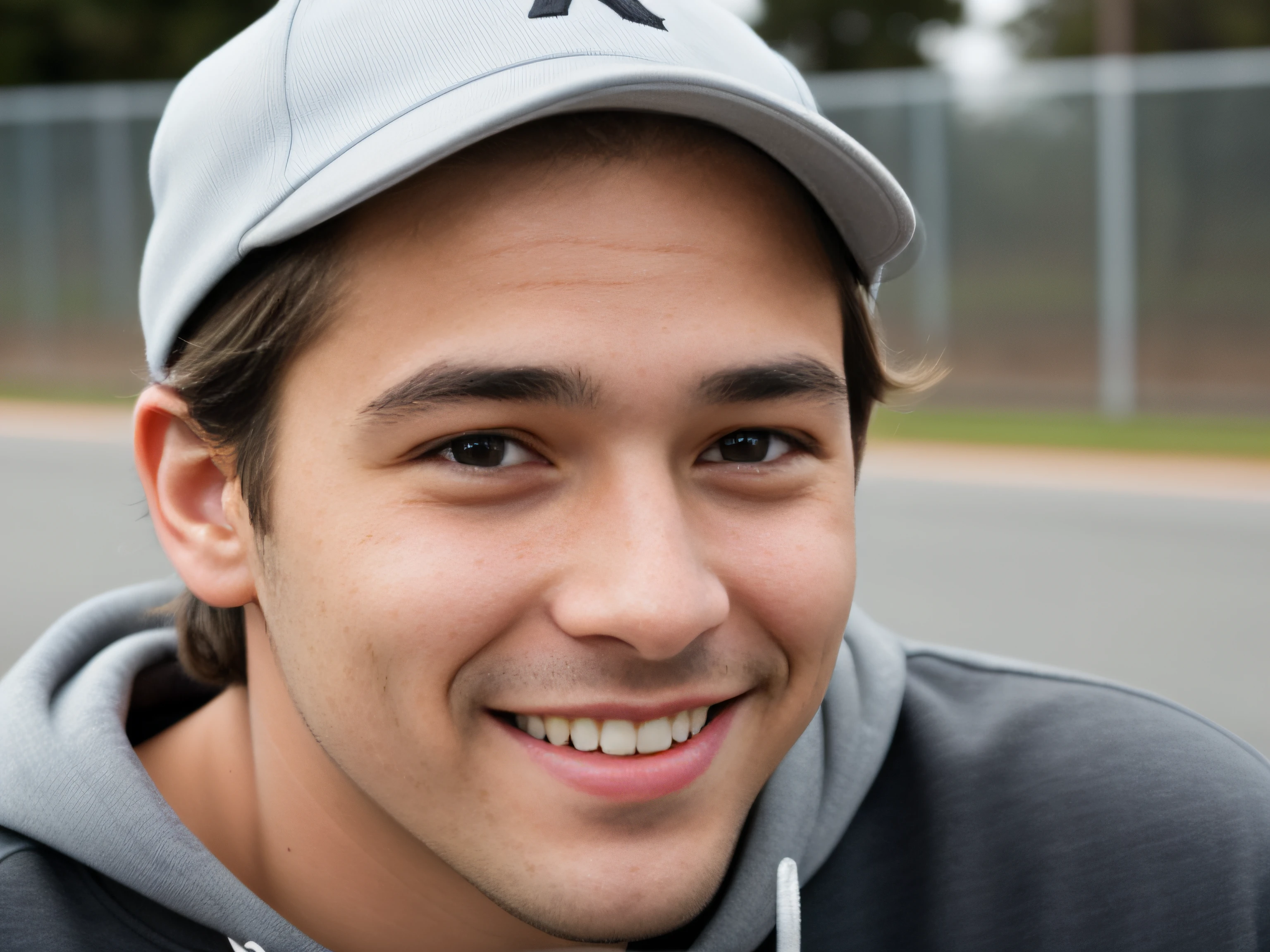 "Smiling skateboarder wearing a baseball cap and a gray sweatshirt, head shoot, nome do skatista: Elliot Alderson, foto de perfil headshot, imagem de avatar, slightly smug smile, Photo taken in the late 2010s, close-up headshot, foto headshot, animation expression, close-up headshot, manobras radicais de skate, andrew krivulya."