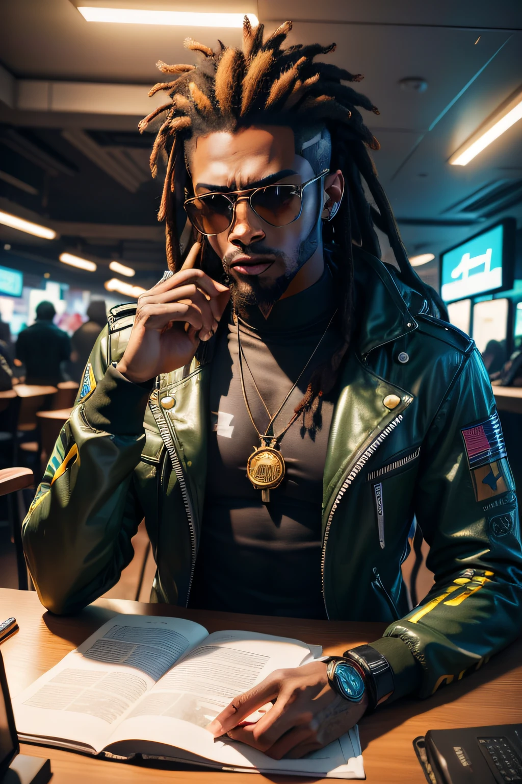 super high res, melhor qualidade, foto, 16k, (fotorrealista: 1.2), cinematic lighthing, An African American Man Who Has the Profession of Cyberpunk 2020 Middleman, He wears a mirrored sunglasses and dreads in his hair, In addition he wears a green camouflage outfit from the army and has a gold medallion in the shape of a crow he also has a robotic arm with realskin. Pay meticulous attention to stunning details and achieve a resolution of 64K for an immersive and realistic visual experience. Let your work capture the essence of Cyberpunk 2020 where a tabletop role-playing game is set.
