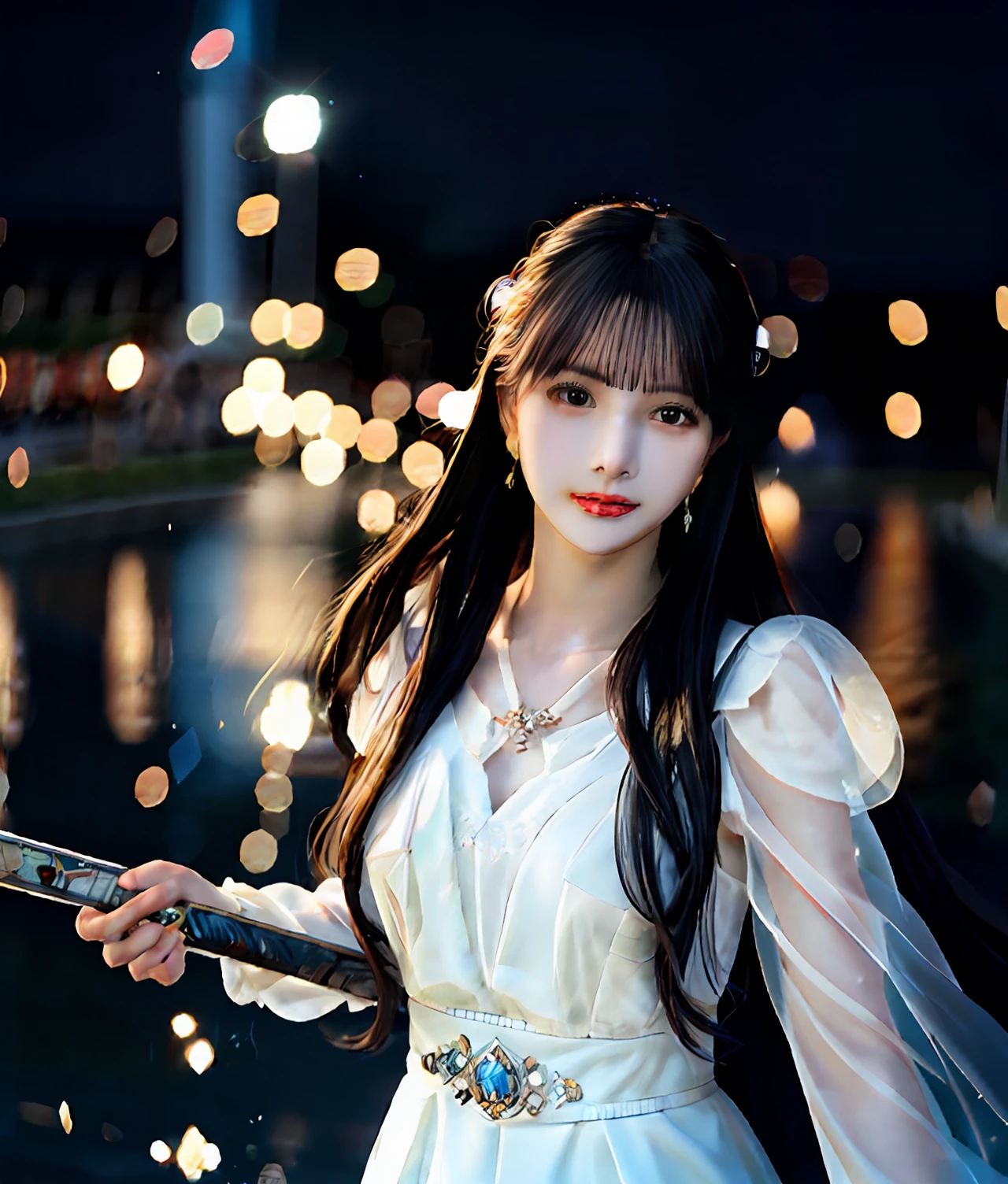 (realisticity: 1.2), best quality, masterpiece, highres, cg,
1girl, weapon, sword, long hair, dress, water, solo, jewelry, white dress, earrings, hair ornament, splashing, upper body super realistis, hair bun, black hair, city bacgraun realistis,
lighting,candid, Photograph, high resolution, 4k, 8k, Bokeh,