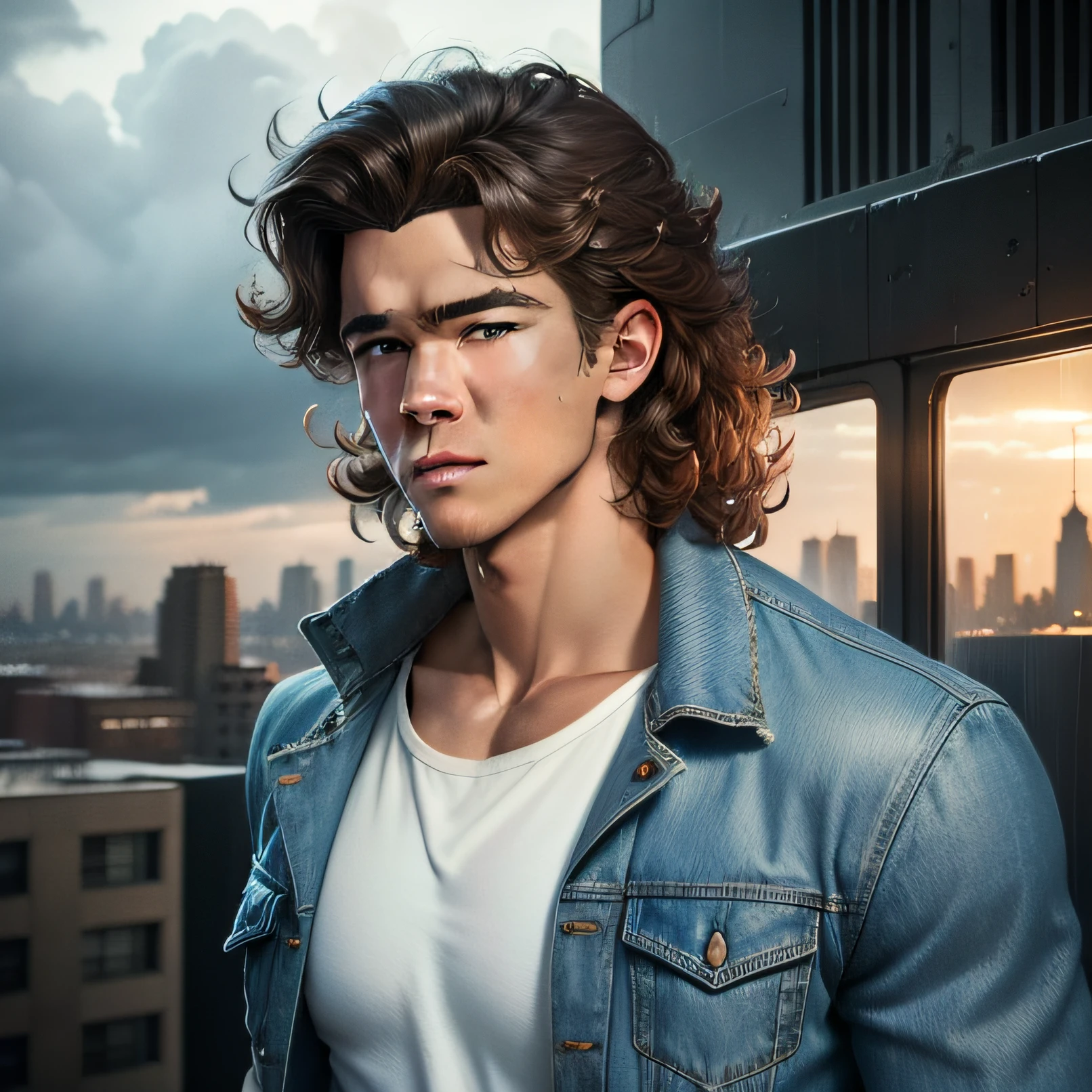Brenton Thwaites, wearing a denim jacket and white shirt, big hair, in the top of a building in 1980s NY, raining, heavy rain, midnight, dark thunder, clouds, black skies
