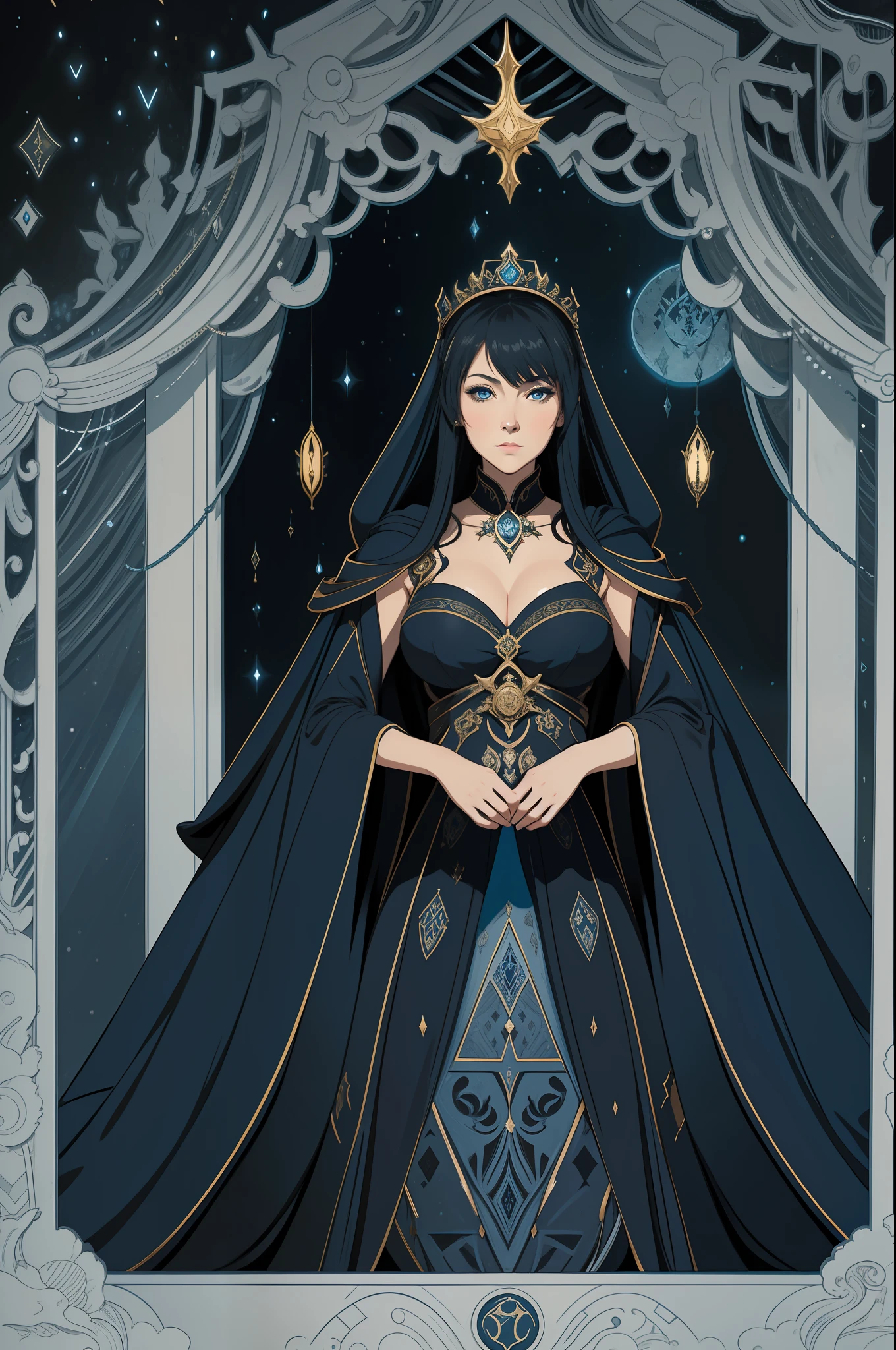 cinematic lighting, bokeh, wide shot, castle walls, against wall, looking at viewer, from side, sideways glance, night time, dark theme night, huge natural breasts, cold expression, expressionless, standing, arms behind back, expression, blue eyes, empress, empress robes, Tarot style illustration