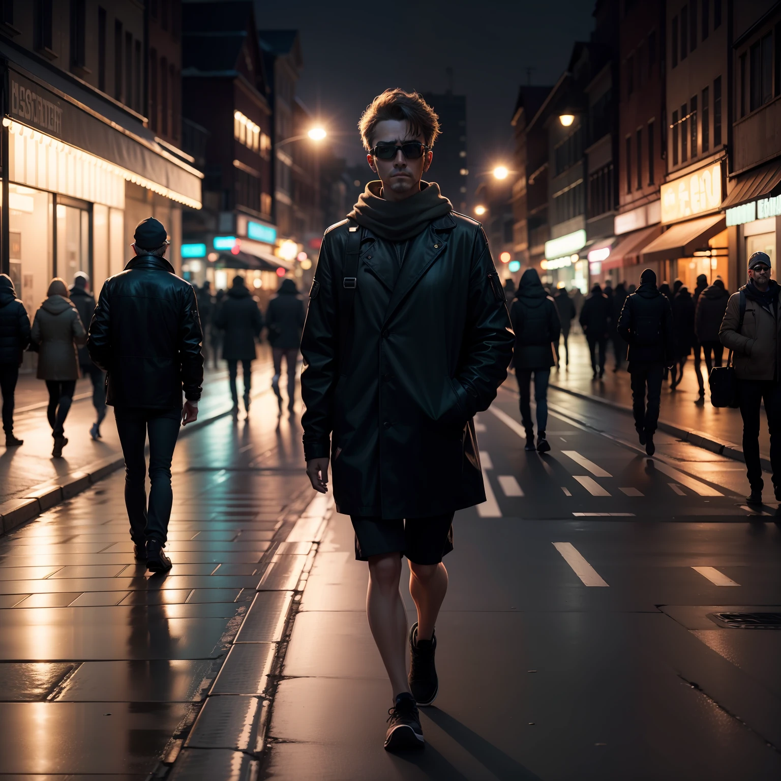 Raw photo About walking alone in street at night realistic face,in  beutiful city street 8k resolution High quality picture add goggles