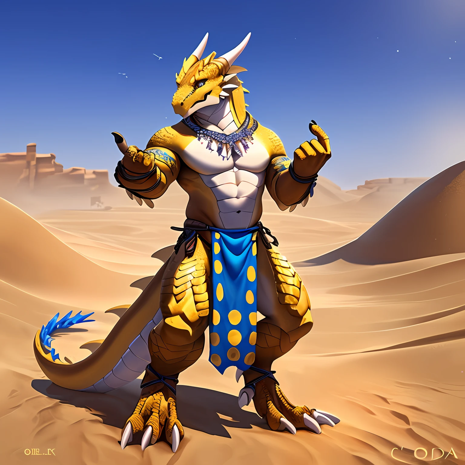 A high resolution,anthro dragon,Fine scale texture,musculous,Golden scales are dotted with black scales,White belly,Wingless,Blue needle-like pupil eyes,shyexpression,Beckoning gestures,banya,sharp talons,coda,In the daytime,Wear a long yellow loincloth,Wear a blue necklace,Desert background,Stand on the dunes,sandstorms,Dust,thermography,独奏,8K masterpiece,Best quality at best, The is very detailed, Be expressive, Epic setup, The is very detailed, photography of, Cinema lights, Complicated details, depth of fields, Background bokeh,Full body photo
