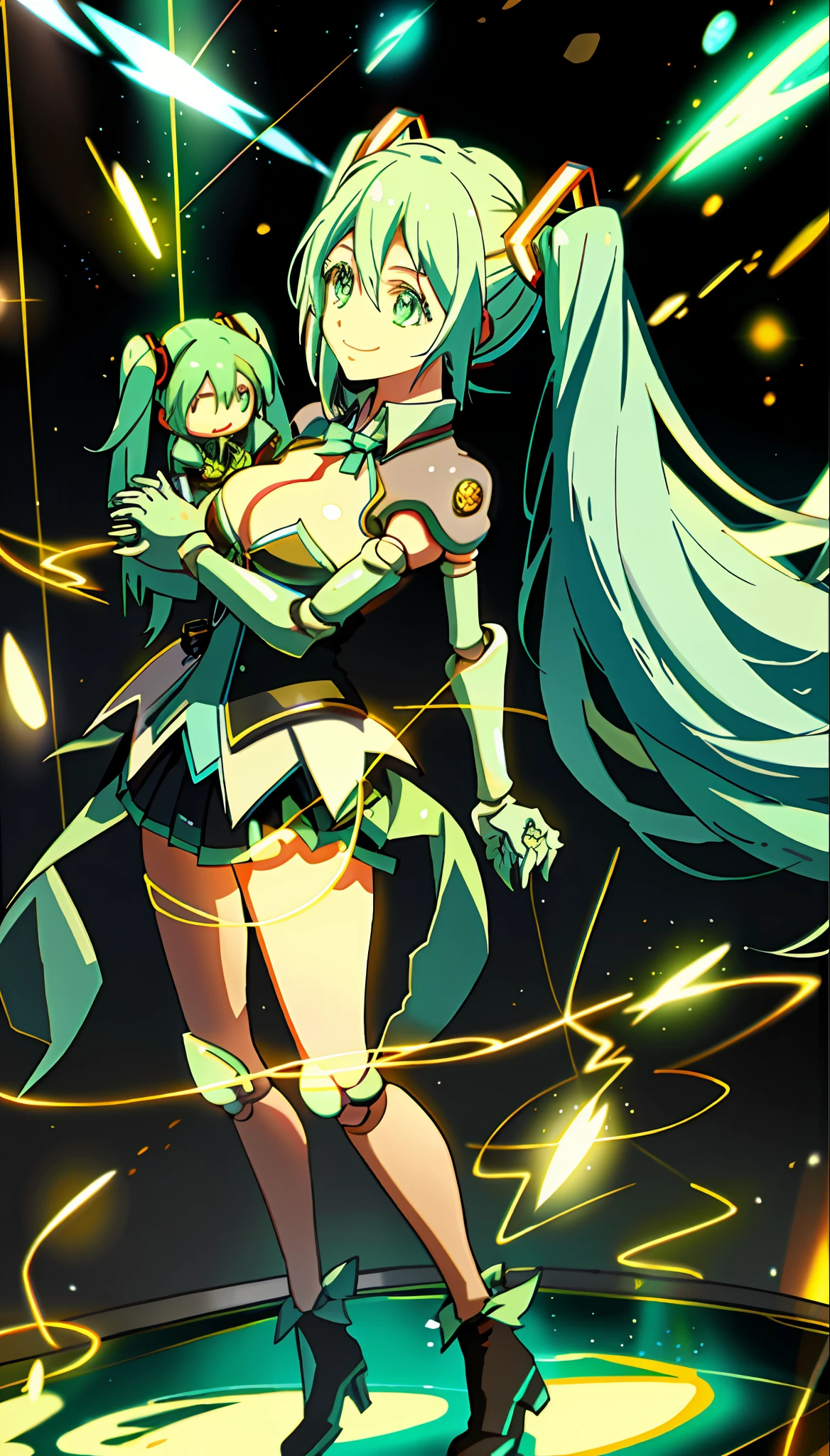 Hatsune Miku, large full breasts, A slight smile, LightningMagicAI, top-quality, (doll joints:1.2)、