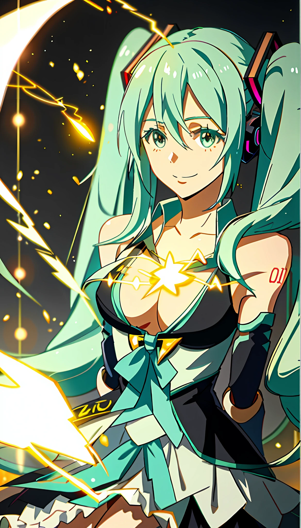 Hatsune Miku, large full breasts, A slight smile, LightningMagicAI, top-quality, (doll joints:1.2)、