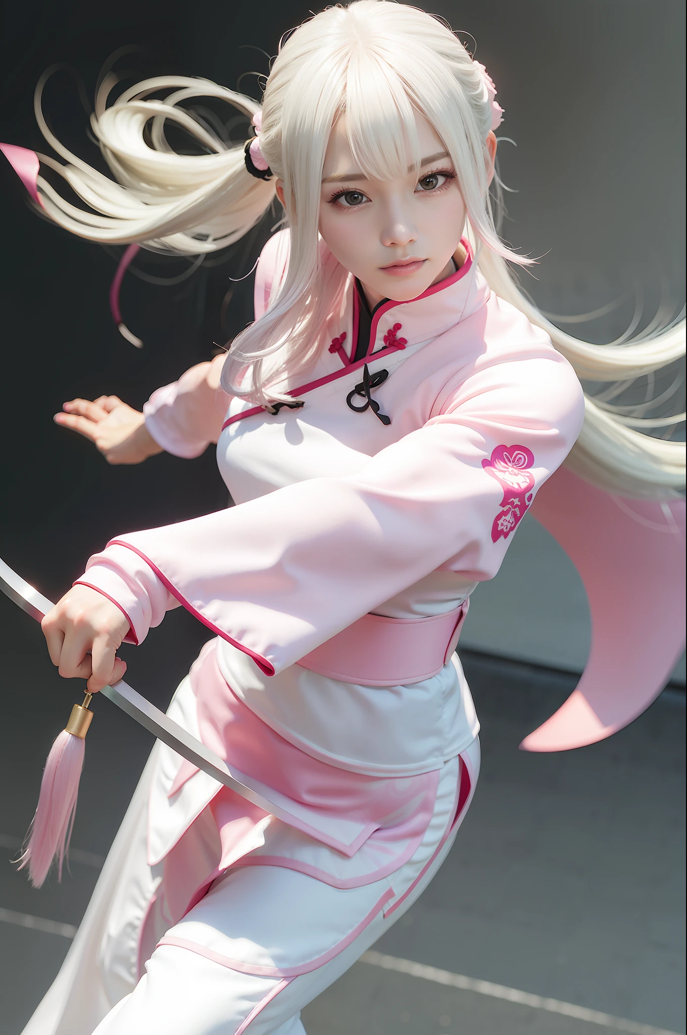 Pink cheongsam,Combat posture,holding knives,Wavy white hair,Long-legged beauty ninja,Foxtail