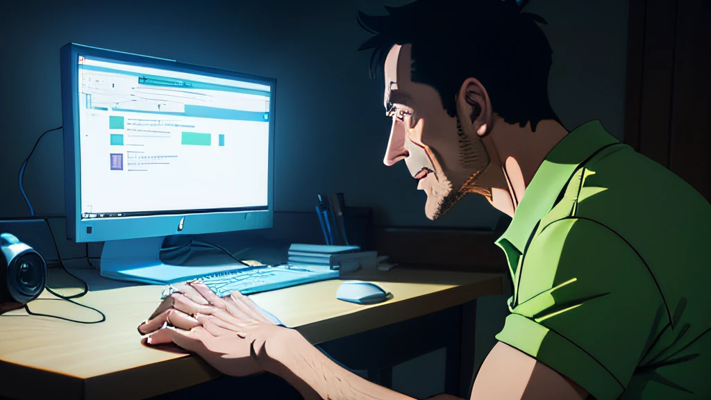 A 40-year-old man is programming a blog using artificial intelligence on a computer in a room, por makoto shinkai e ghibli studio, lighting dramatic, altamente detalhado, amazing quality