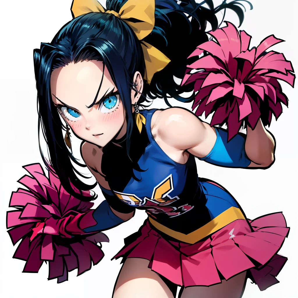 A dark-haired、Blue-haired、Lily、angry expressions、((cheerleaders))、((two tone hair color))、((Black and blue hair))、((Long ponytail))、drooping eyes、Jumping、((Standing on one leg))、cheerleader pom pom、No background、White background, ((Looking at Viewer))、((One girl))、striated hair、((Forehead))、Leaning forward、Cowboy Shot, absurderes, Solo, embarrassed, ((blush)), skinny