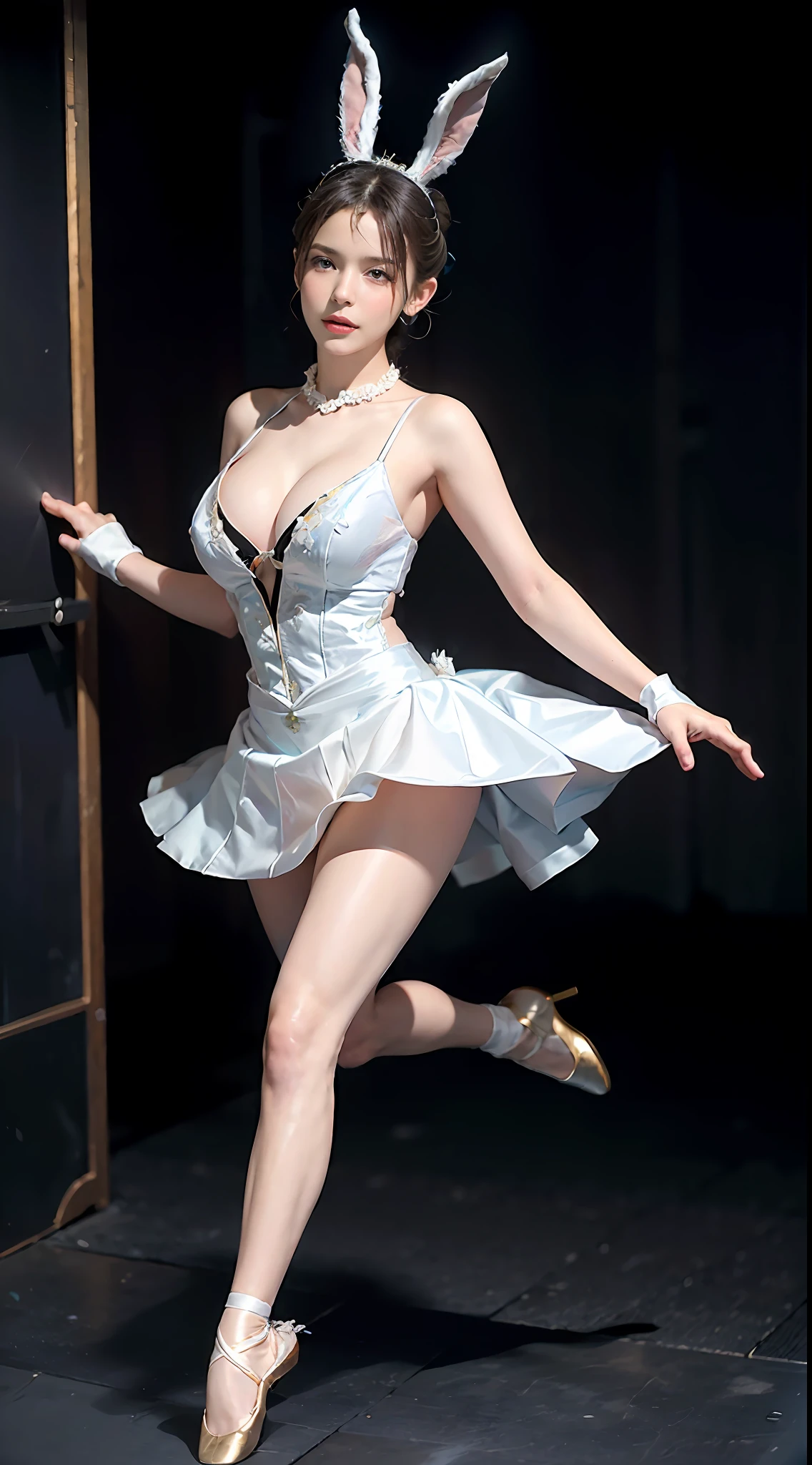 Surrealist women by David Hockney and Alphonse Mucha，Fantasyart，photographrealistic，动态照明，art  stations，poster for，huge tit！lamplight，Stage，perform，theater，Volumetriclighting，Tall beauty，body high，Very detailed faces，4 k''，1girll，Stage，low tune，facial closeups,(White ballet costume，Ballet costume，Ballet costumes，ballet dance，Miniskirt bunny girl headdress，cleavage:1.4), updo hair，lots of people，Redlip，ssmile，low chest，deep v big breasts，huge tit，Raised sexy，Bigchest，Large breasts，Breast swelling，Raised chest，blackstockings，Breasts are plump，crisp breasts，A plump chest，the breasts are large，Seductive expressions，Wear earrings，The skirt floated，Hair flowing up，Fairy under fan，wearing a choker，Wear a bracelet，The stands up，standing on your feet，long leges，blackstockings，Wet all over，Moisturizes the whole body，huge tit，Red lips，stocklings，gigantic cleavage breasts，black lence stockings，slenderlegs，Hot dance，ballet dance，Ballerina，full bodyesbian，beautifullegs，Dance，gracefulness，soft，softness，Noble，Rich，largeeyes，eye shadows，Long legs，beautifullegs，Thin leg，split，splitting legs，Dance，Dancer，split，Aerial capture，Jump up，Suspended in the air，Dancing in the air，legs long