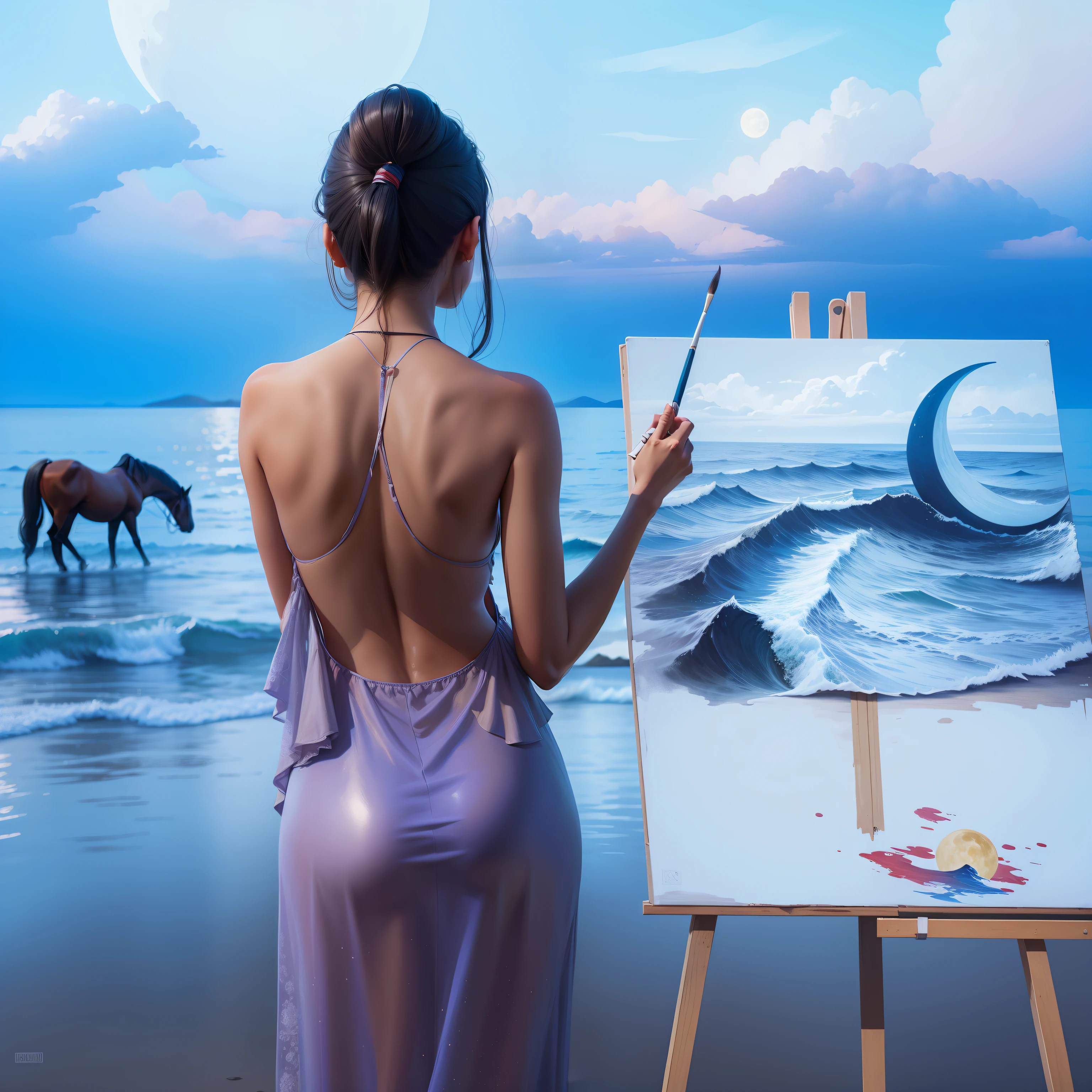 A woman wearing a dress, her back bare, holding a paintbrush, drawing a painting of the moon and a horse in the sea