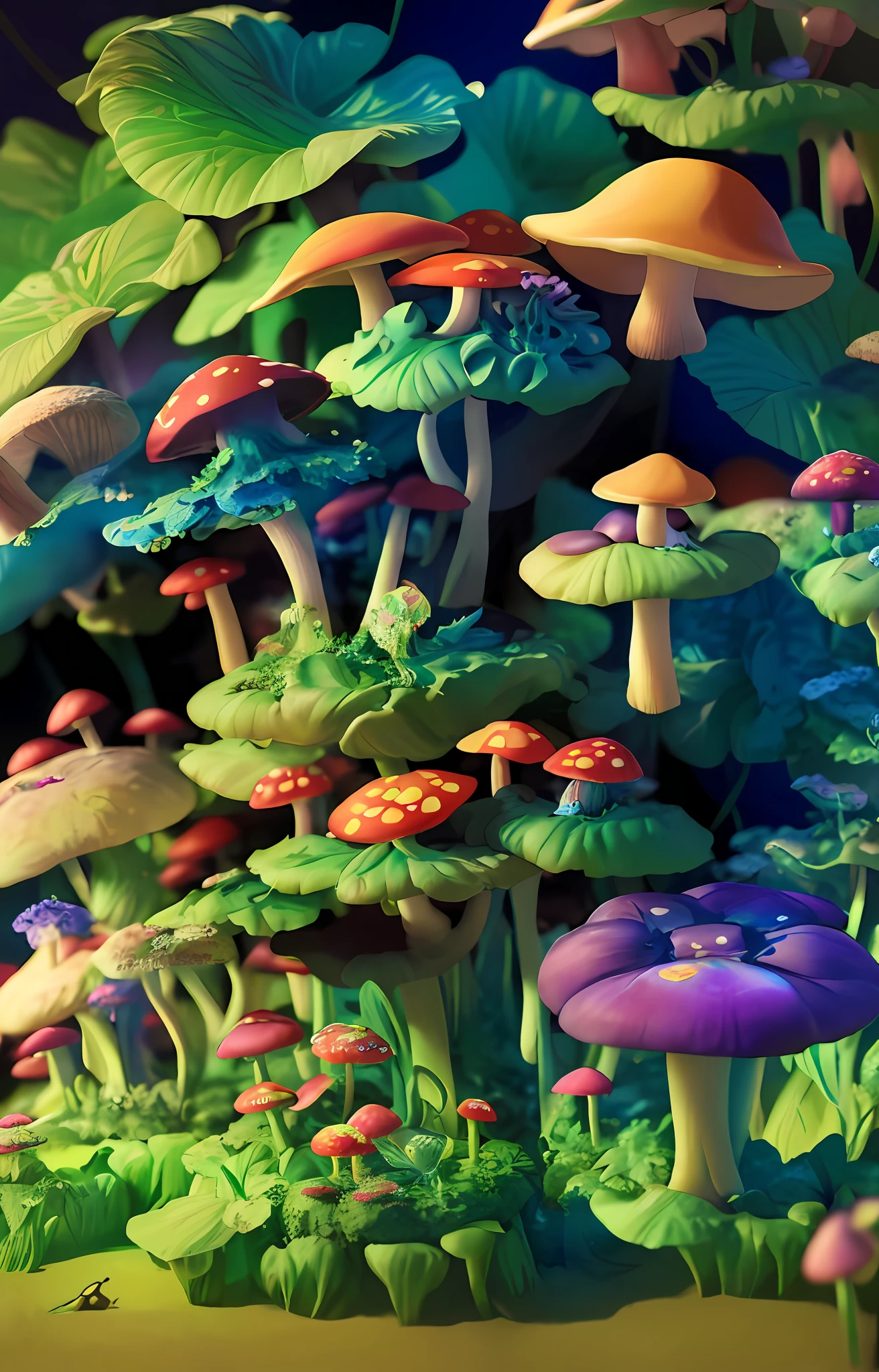 "Mushroom forest,butterflys,lotuses,morning glory,four-leaf clover,Cyber Mushroom Forest,Ultra-detailed digital fantasy art。Mushrooms are everywhere in the picture,The unique mushroom shape creates a magical casa scene。"