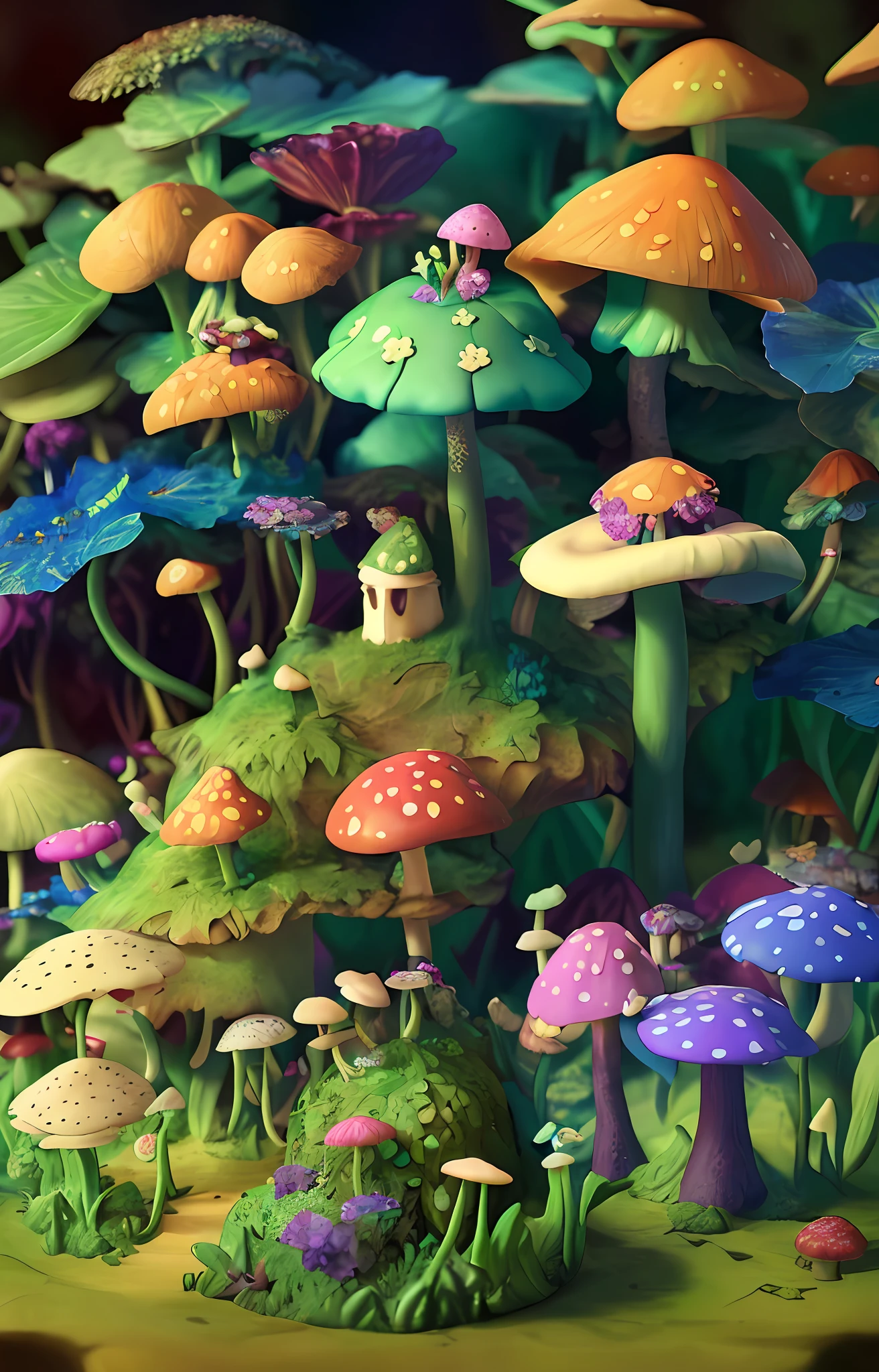 "Mushroom forest，butterflys，lotuses，morning glory，four-leaf clover，Cyber Mushroom Forest，Ultra-detailed digital fantasy art。Mushrooms are everywhere in the picture，The unique mushroom shape creates a magical casa scene。"