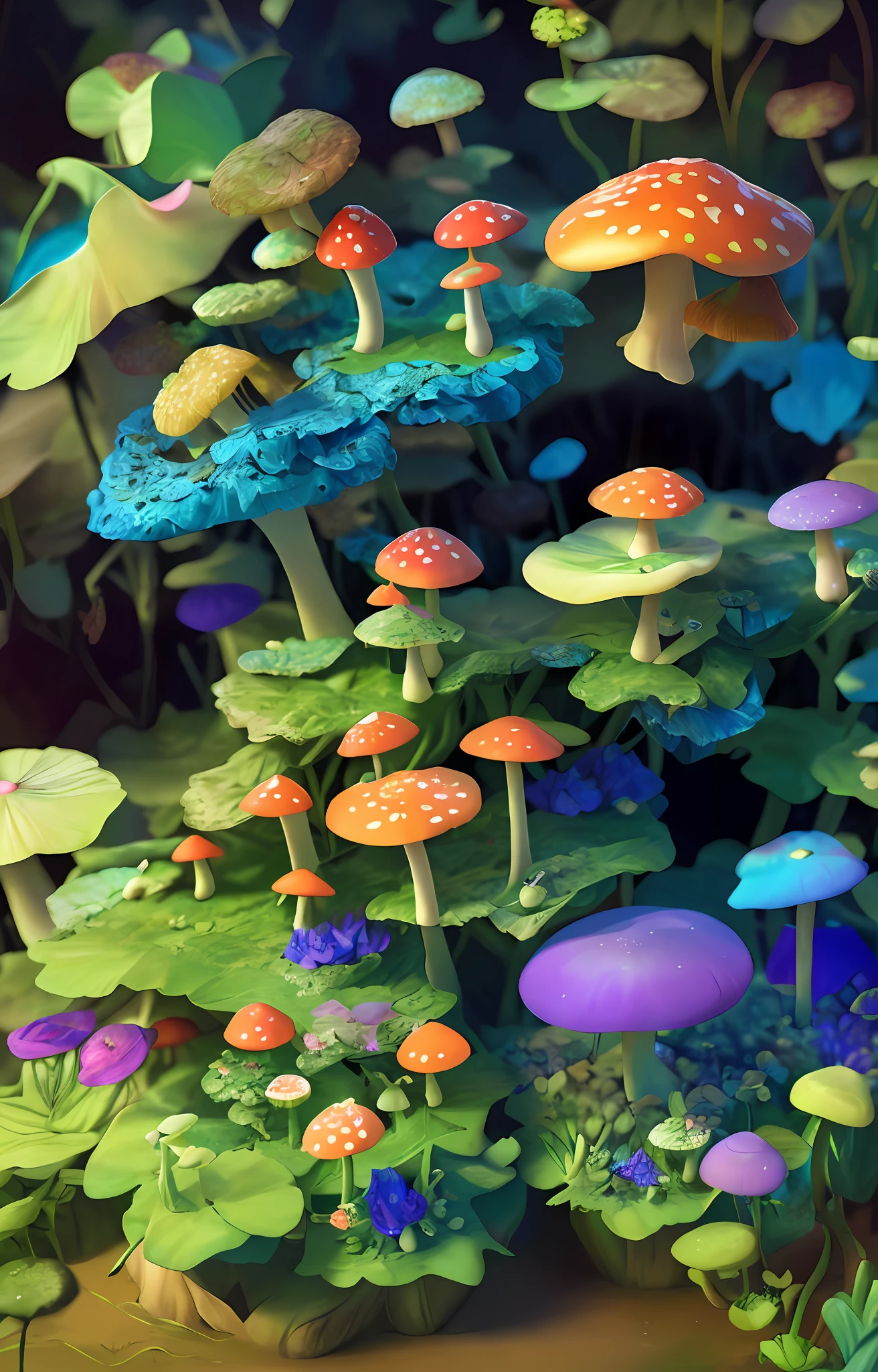 "Mushroom forest,butterflys,lotuses,morning glory,four-leaf clover,Cyber Mushroom Forest,Ultra-detailed digital fantasy art。Mushrooms are everywhere in the picture,The unique mushroom shape creates a magical casa scene。"