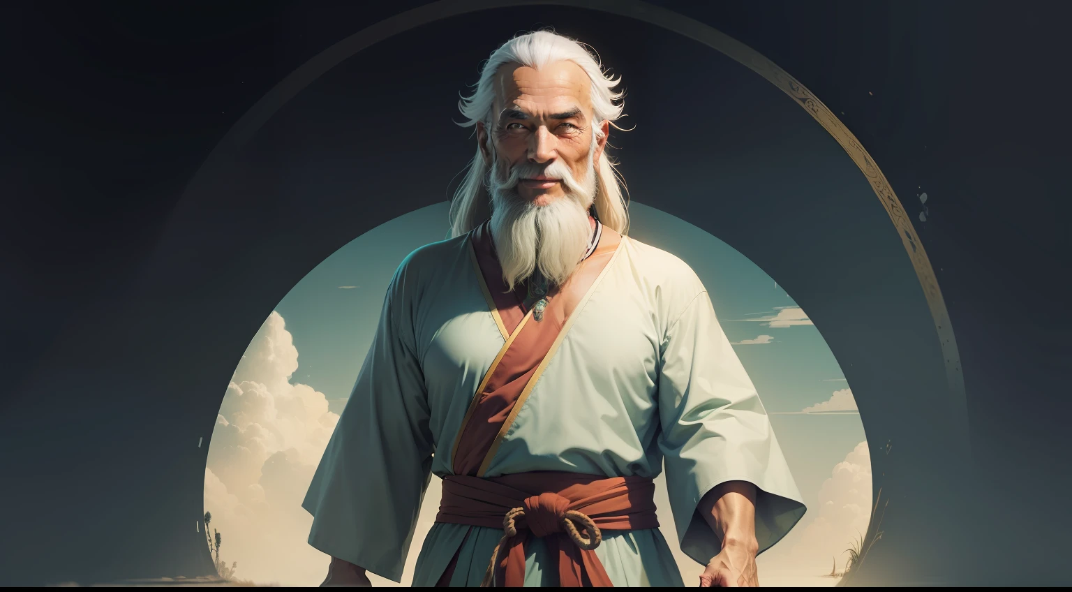 Old Sage Buddhist Master Wearing Standing Tunic, careca e com uma grande barba branca, sorridente. Ambos olhos refletindo