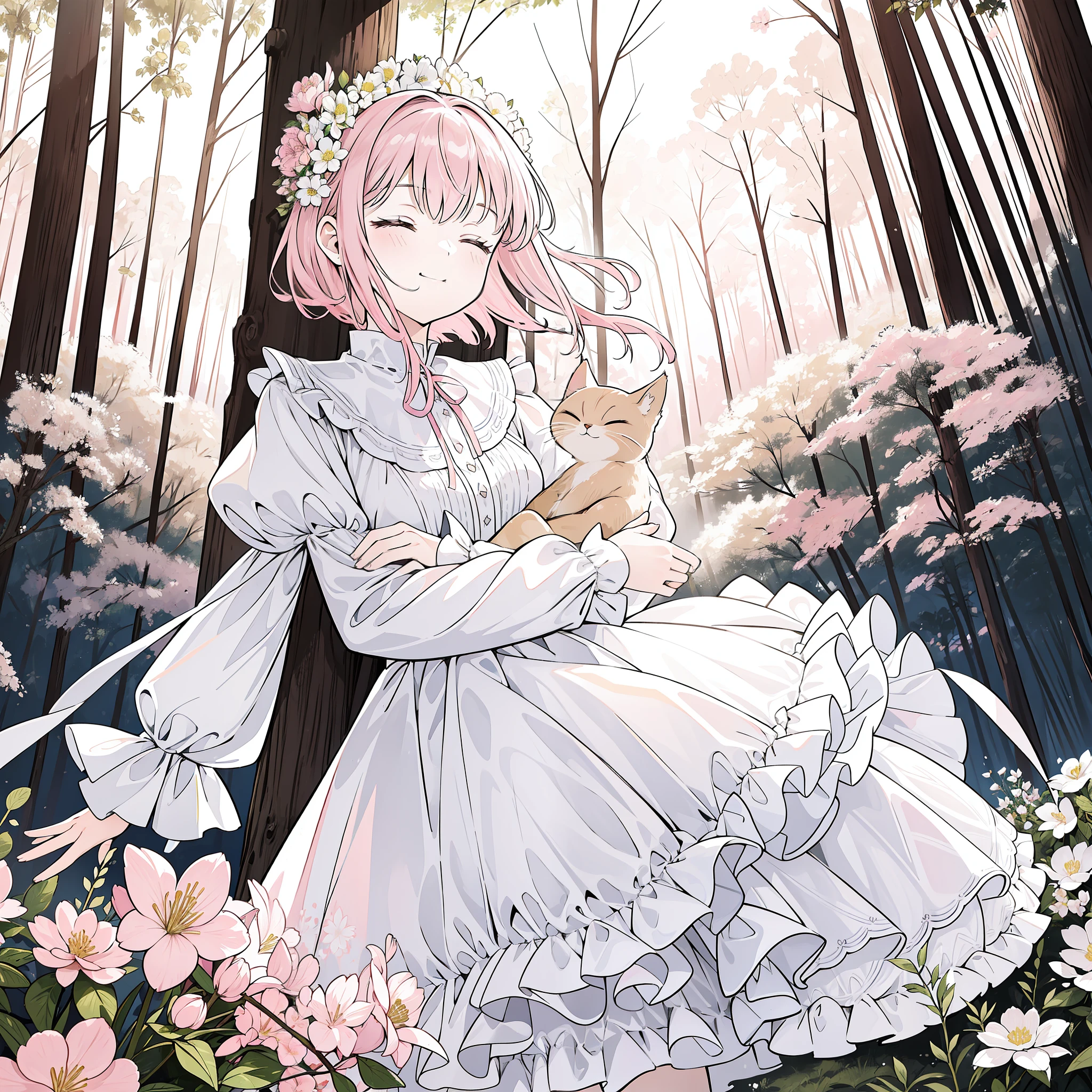 1 girl, solo, best quality, ultra detailed, minor, (happy:1.4), closed eyes,
pink hair, medium hair, looking away,
from front, from below, portrait, hugging the brown kitten, \(kitten has its mouth closed\),
white dress, blue ribbon, long sleeves, standing,
in the forest, flower garden, warm sunlight filtering through trees