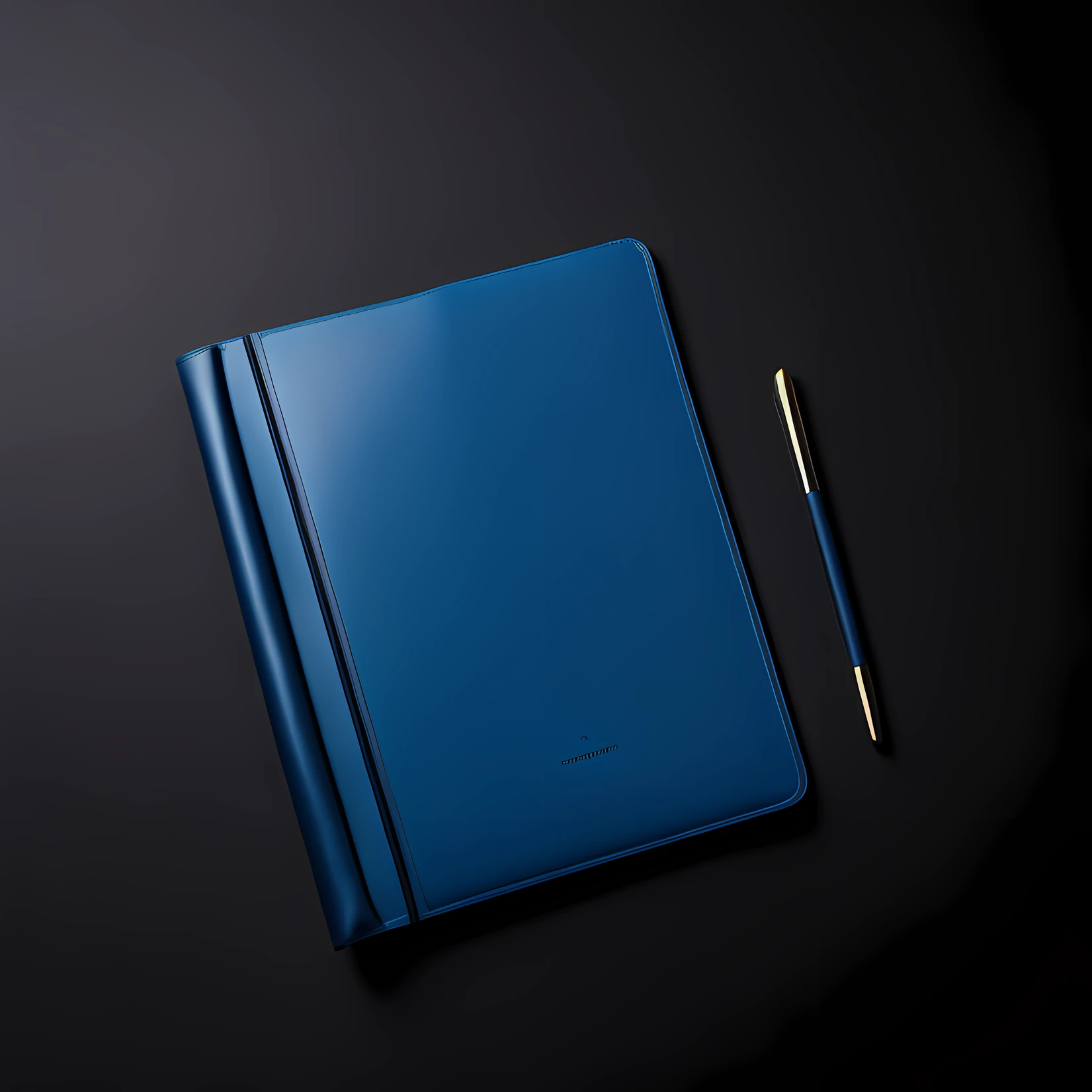 On the table was a blue-gray folder，The folder is placed on a black Visualizer,product closeups，Bottom view，solid color backdrop，Business style，close angle,Product photo,f / 2 0, Leather Pouch, Natural soft light，author：Emma Andievska, close-up product photo, Sacoche, full product shot, Fluid bags,Natural soft light