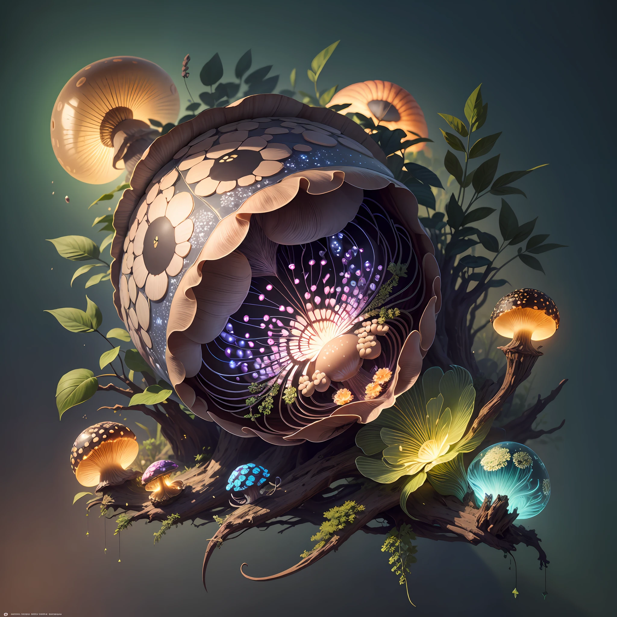 Generate images of creatures with humanoid body structures, But mainly composed of fungal elements. Its head resembles a big head, Dome-shaped crystal spring flower mushroom cap, fanciful, Colorful, Decorated with a luminous speckled pattern. Its arms are long, Flexible tendrils sprout from the shoulders, Able to be as vertical as a human hand. And not legs, It has a single, Thick, The stem is rooted in the ground. Its face is a small cluster, Bioluminescent spheres embedded in the bottom of the lid, Arranged in a way reminiscent of human facial features. photo-realism, ultra - detailed, 4K, A high resolution