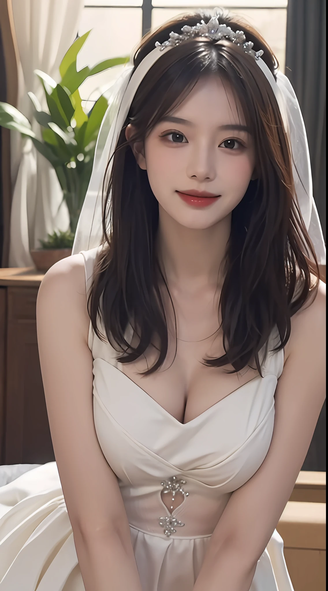 1 beautiful white wedding dress interior background(Best quality, Detailed details, Masterpiece, , 8K, Chiaroscuro,Ultra-realistic, highly detailed ),Keep one's mouth shut,ssmile