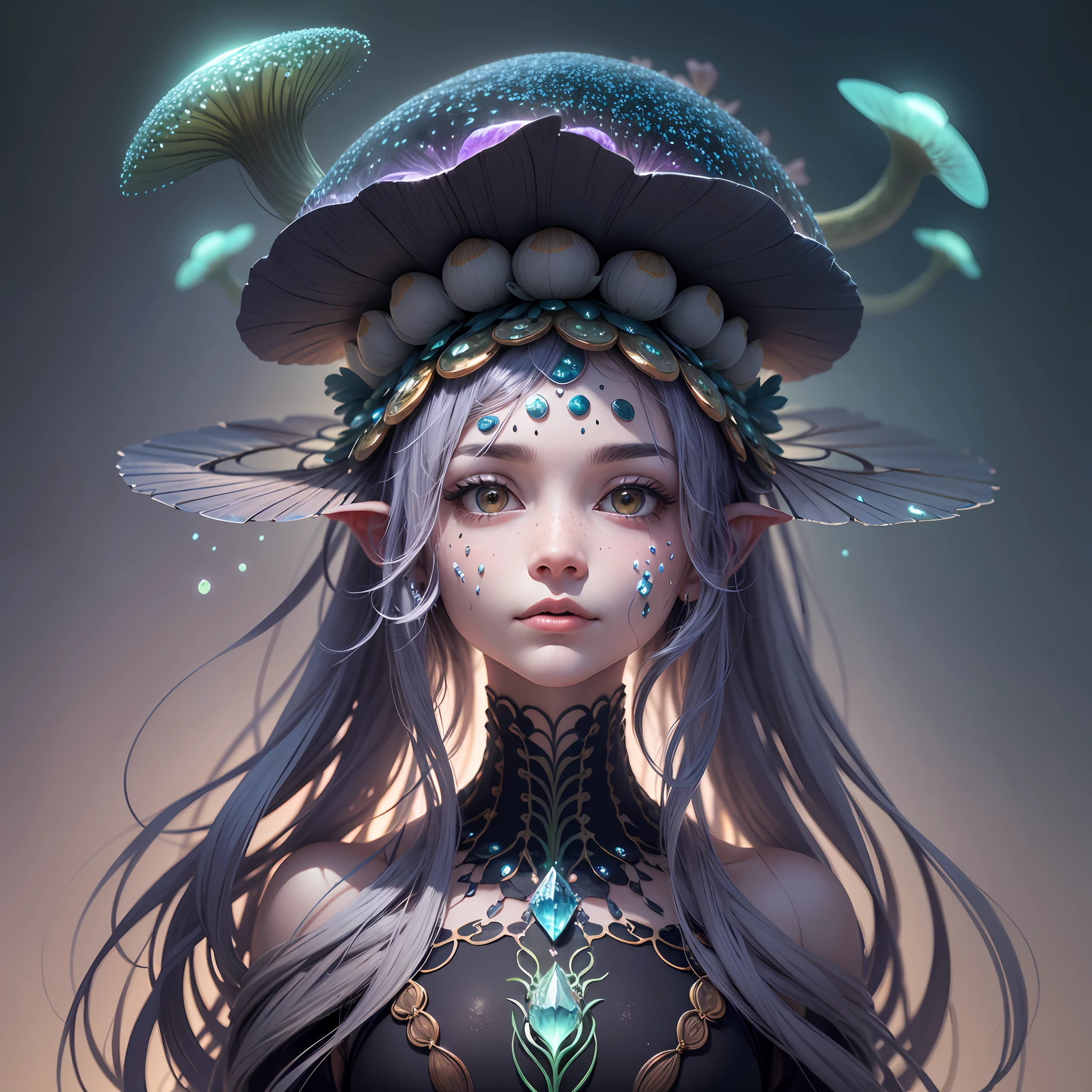Generate images of creatures with humanoid body structures, But mainly composed of fungal elements. Its head resembles a big head, Dome-shaped crystal spring flower mushroom cap, fanciful, Colorful, Decorated with a luminous speckled pattern. Its arms are long, Flexible tendrils sprout from the shoulders, Able to be as vertical as a human hand. And not legs, It has a single, Thick, The stem is rooted in the ground. Its face is a small cluster, Bioluminescent spheres embedded in the bottom of the lid, Arranged in a way reminiscent of human facial features. photo-realism, ultra - detailed, 4K, A high resolution