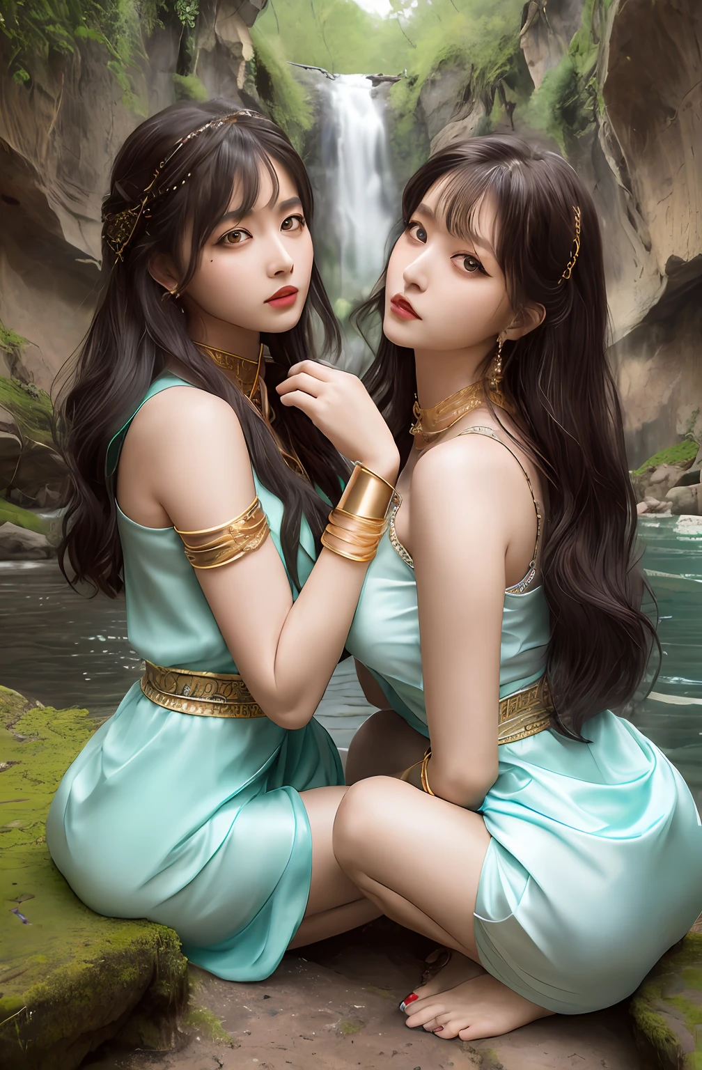 ((Realistic:1.5)),Ulzzang-6500:1.4,((Best quality)), ((Masterpiece)),((Detailed)),2girls,duo,{2 beautiful women}, (Upper body:1.3),Hug and touch each other, Tease your friend's waist, Breathless friends, Biting a friend's earlobe, crouched,super wide shot,Face focus, Long legs,Curvy, Barefoot,Wide hips, Thin legs, Oversized eyes,Long eyelashes, (Detailed face,beautidful eyes, detailedpupils,detailed clothes features, Clear background:1.3), (armlets, bangle:1.3), Mysterious ancient ruins, floresta exuberante, Deep canyon,bridge,River,cliff,Cloud,lakes,Rock music,Waterfalls, Flowers, Grass,grape trees,tree,bright detail,Sharp,Perfect compounding, Intricate, Sharp focus, Dramatic,