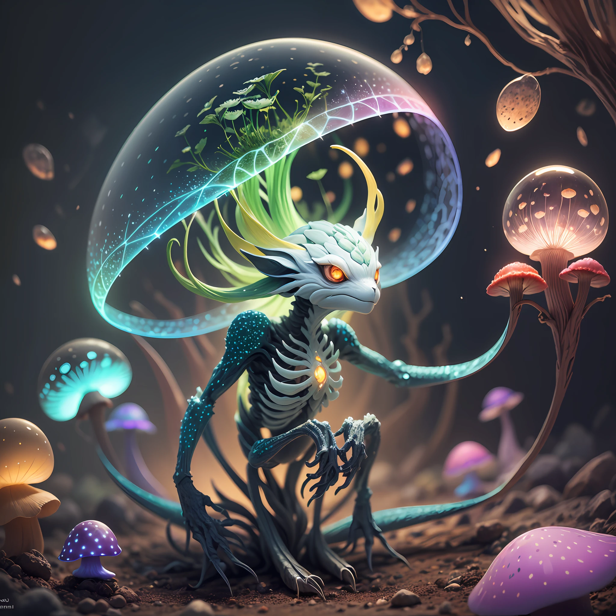 Generate images of creatures with humanoid body structures, But mainly composed of fungal elements. Its head resembles a big head, Dome-shaped crystal spring flower mushroom cap, fanciful, Colorful, Decorated with a luminous speckled pattern. Its arms are long, Flexible tendrils sprout from the shoulders, Able to be as vertical as a human hand. And not legs, It has a single, Thick, The stem is rooted in the ground. Its face is a small cluster, Bioluminescent spheres embedded in the bottom of the lid, Arranged in a way reminiscent of human facial features. photo-realism, ultra - detailed, 4K, A high resolution