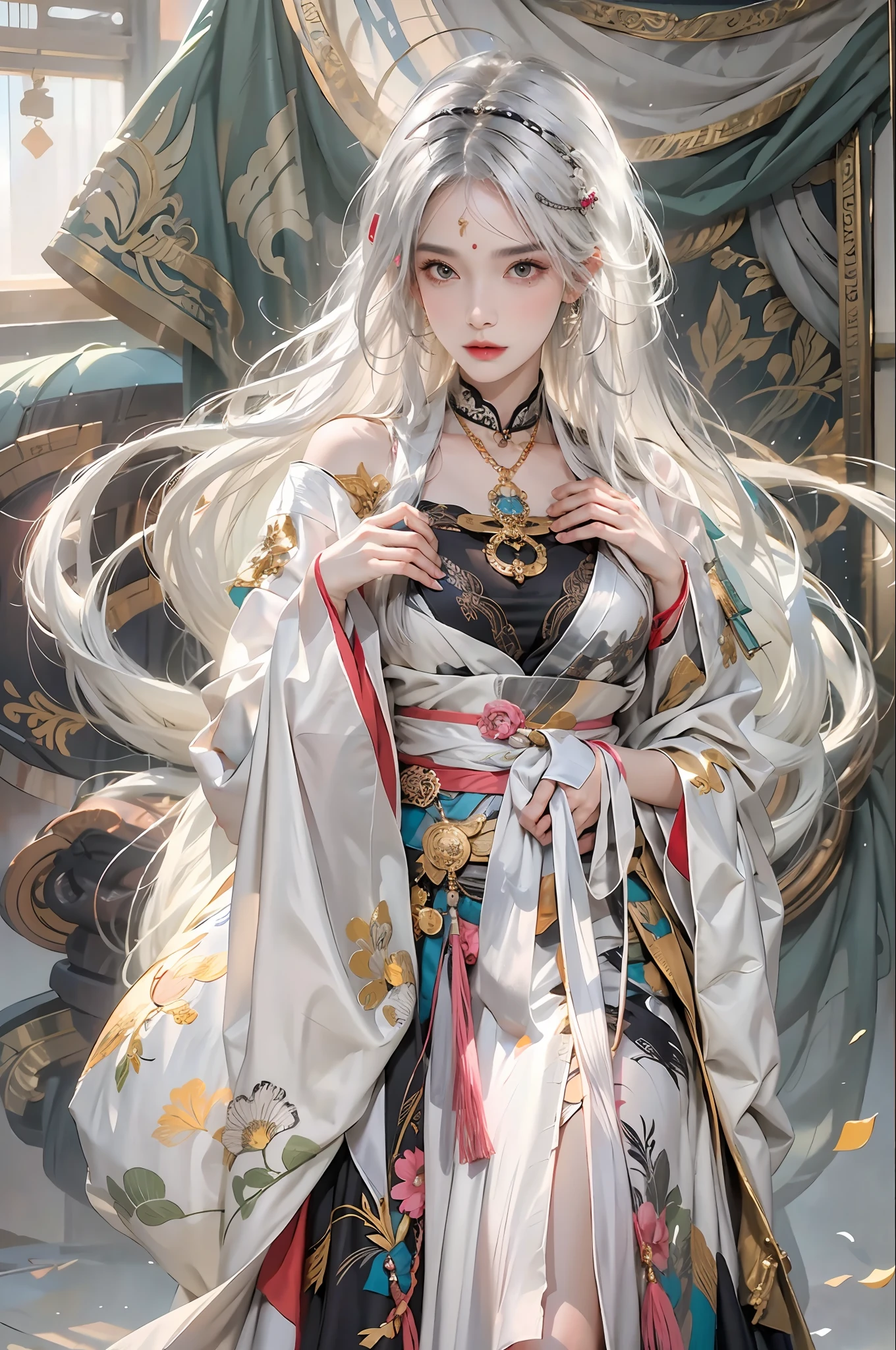 photorealistic, high resolution, 1women, solo, hips up, look at viewer, (detailed face), white hair, long hair, Taoist robe,oversized clothes, jewelry, midjourney portrait