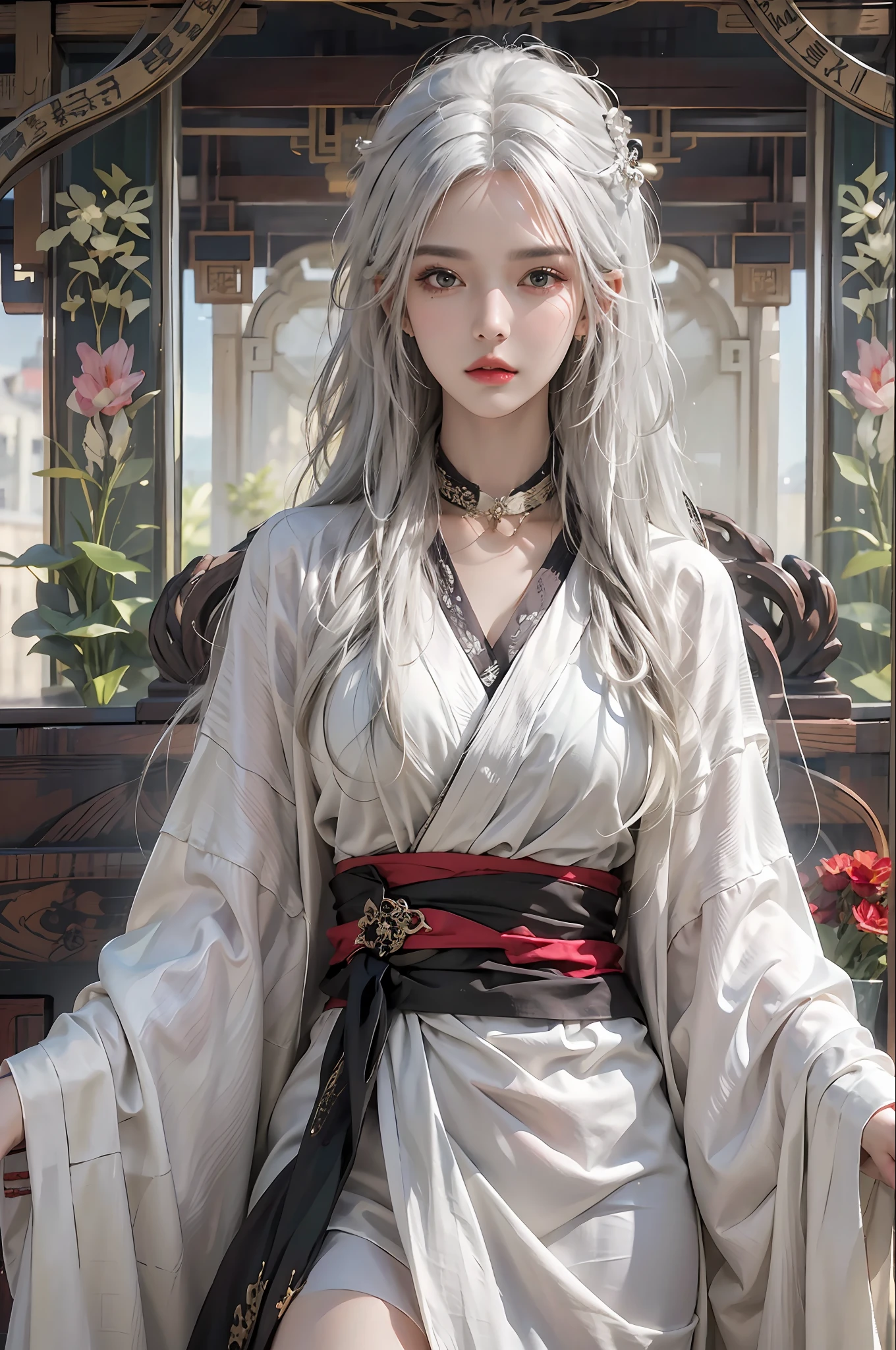 photorealistic, high resolution, 1women, solo, hips up, look at viewer, (detailed face), white hair, long hair, Taoist robe,oversized clothes, jewelry, midjourney portrait