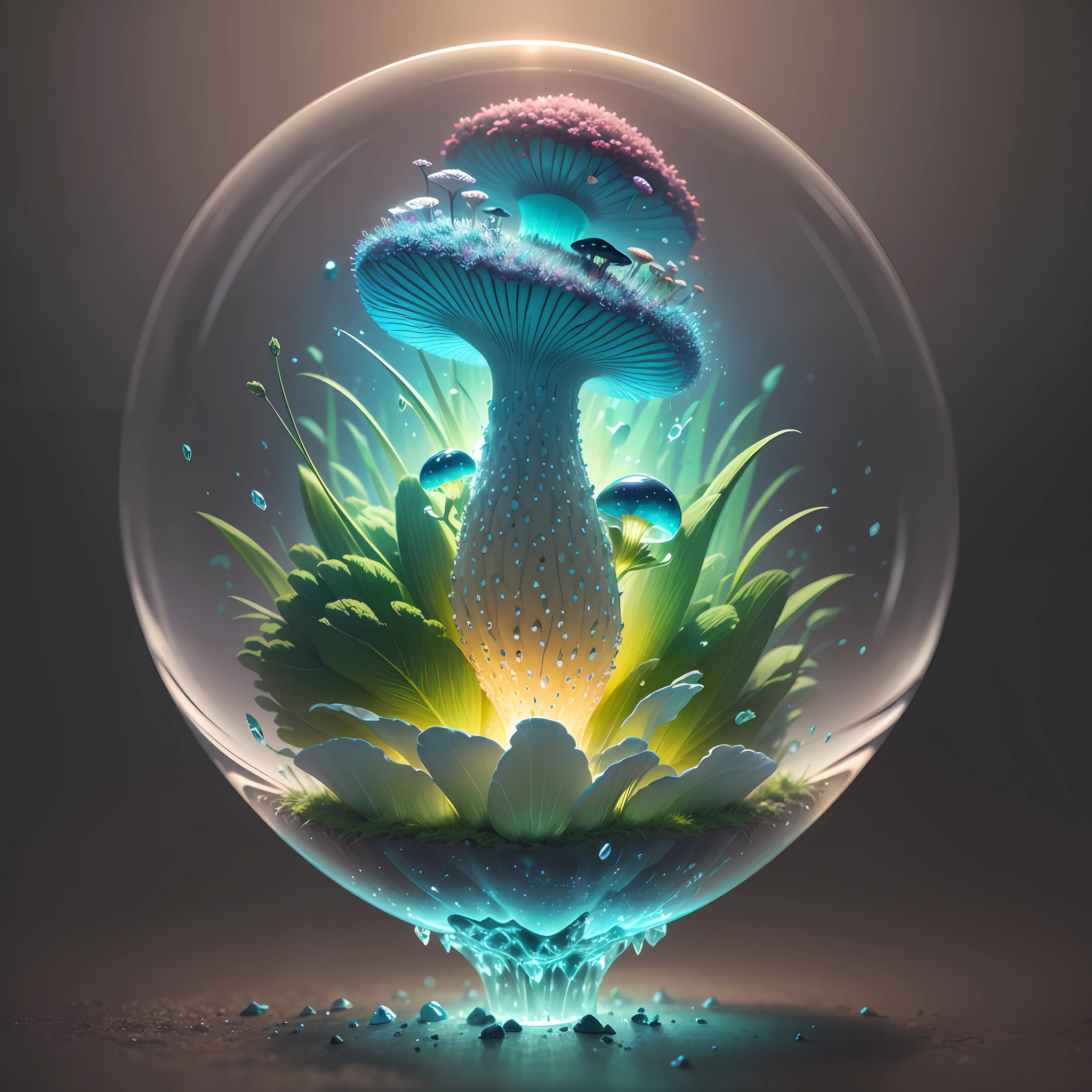 Generate images of creatures with humanoid body structures, But mainly composed of fungal elements. Its head resembles a big head, Dome-shaped crystal spring flower mushroom cap, fanciful, Colorful, Decorated with a luminous speckled pattern. Its arms are long, Flexible tendrils sprout from the shoulders, Able to be as vertical as a human hand. And not legs, It has a single, Thick, The stem is rooted in the ground. Its face is a small cluster, Bioluminescent spheres embedded in the bottom of the lid, Arranged in a way reminiscent of human facial features. photo-realism, ultra - detailed, 4K, A high resolution