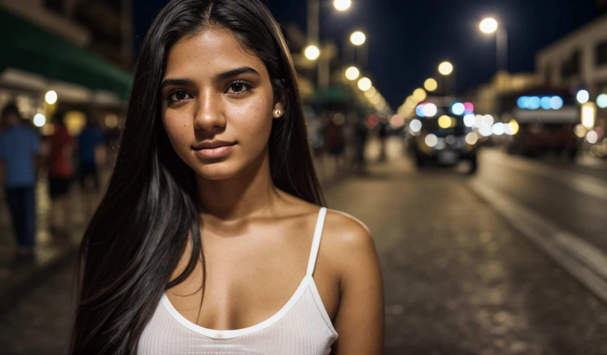 Photo RAW, a portrait of a 20-year-old Brazilian woman in casual clothes, night, street,(highly detailed skin: 1.2), 8k uhd, dslr, soft lighting, high quality, film grain, Fujifilm XT3