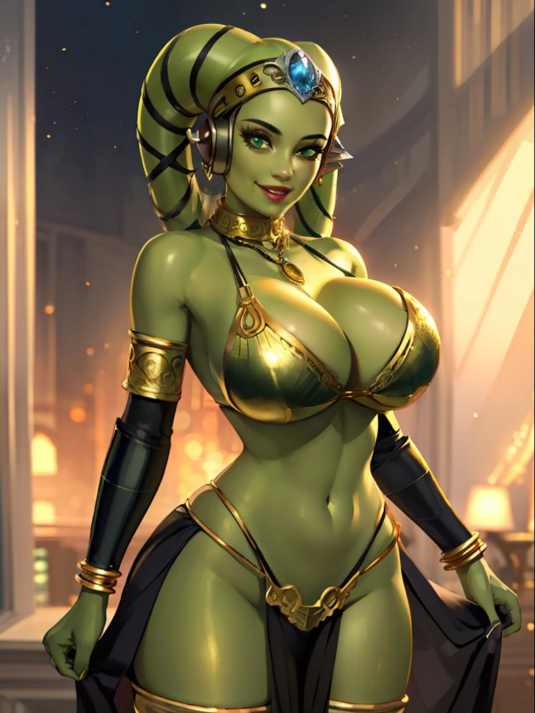 (best quality, masterpiece, highly detailed), 1girl, (green skin), sexy busty Twi'lek, (((gigantic breasts))), cleavage, smiling, gold and black bikini, gold, ornate metal bra, metal lace, gemstones, jewelry, long skirts, armlets, pelvic curtain, Star Wars, lekku stripes