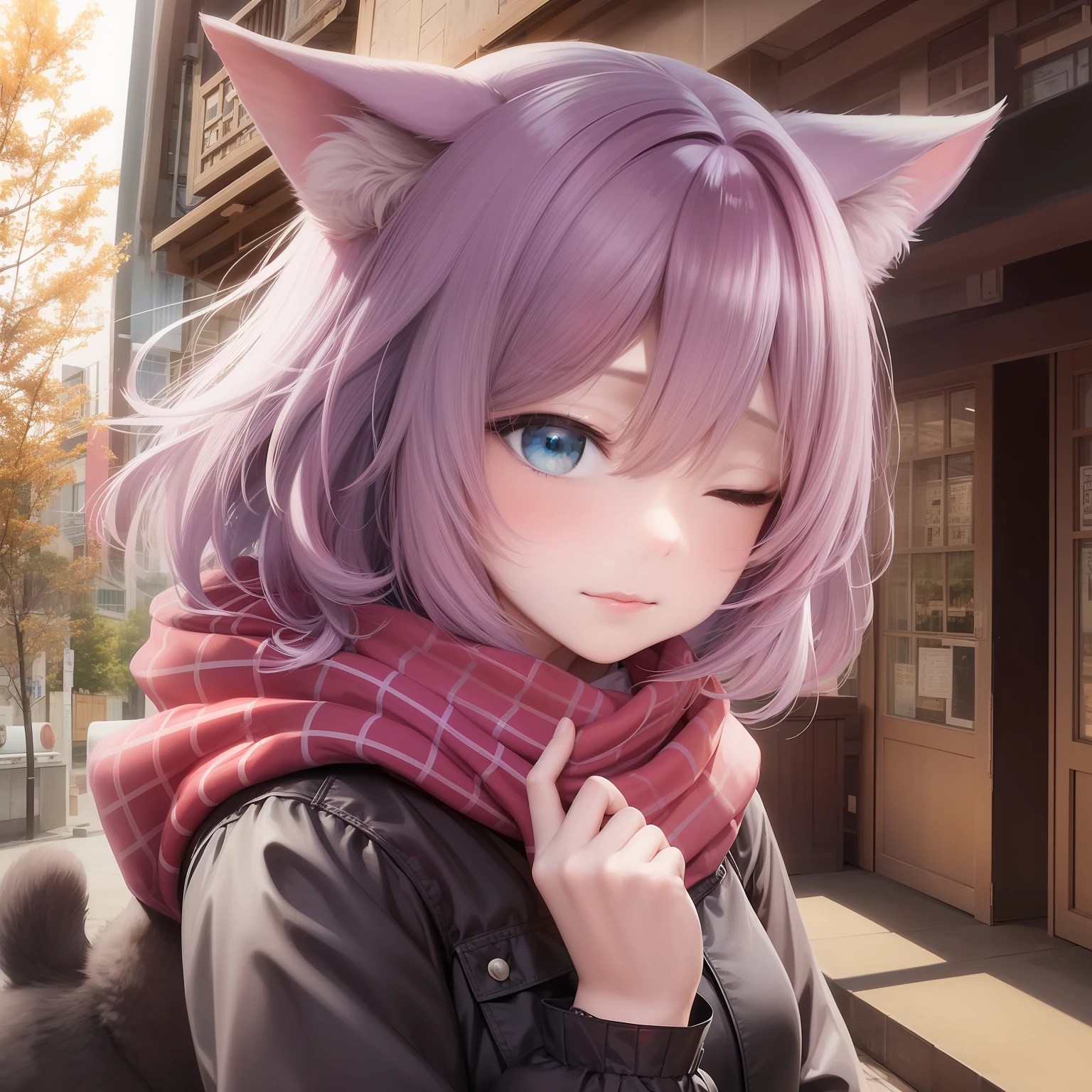 masterpiece、top-quality、女の子1人、Cyan pink hair、Medium Hair、Cat's ears、Eyes closed、Viewer's Perspective、:3、kawaii、scarf、jaket、outside of house、Street、