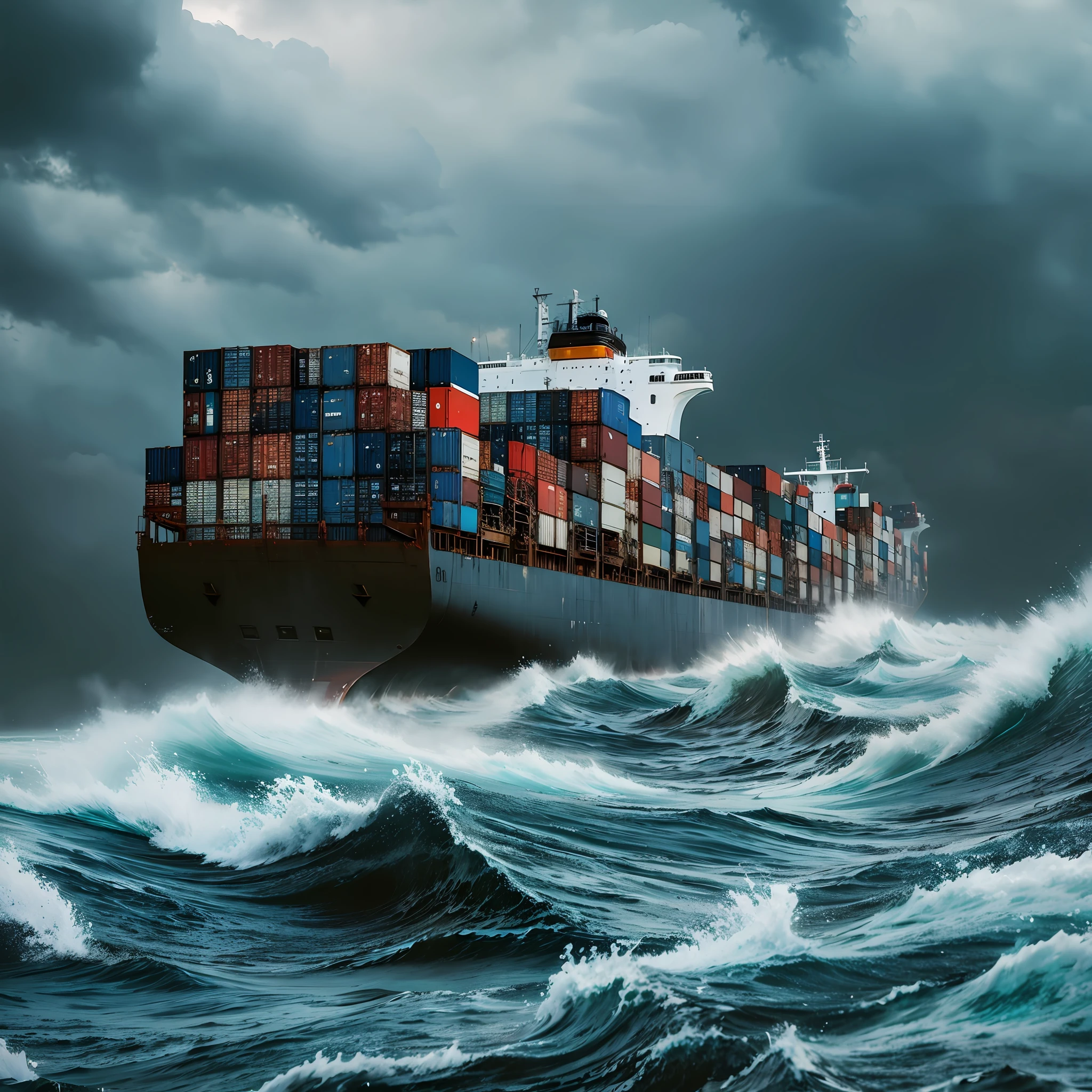 cargo ship loading containers in storm on the high seas