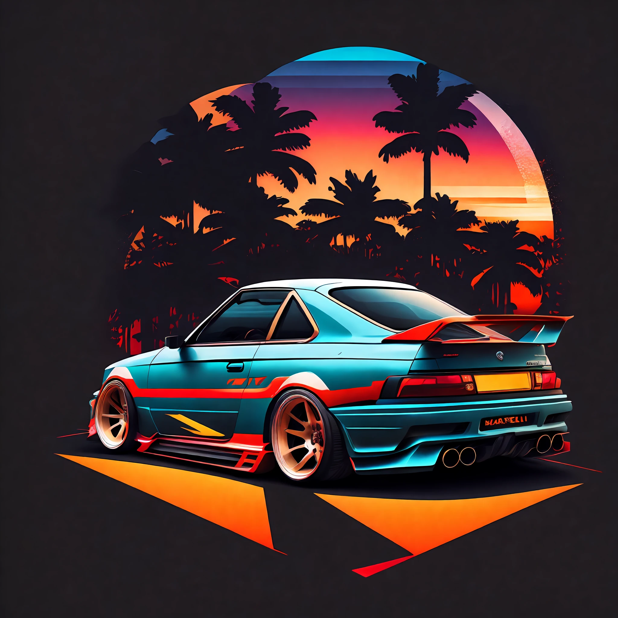 T-shirt graphic design art, a retro graphic design, Nissan R34, rua miami, cor suave de quatro cores, tom pastel vintage, limpeza altamente detalhada, imagem vetorial, obra-prima realista, fotografia profissional, carro realista, fundo simples do nascer do sol do carro, fundo preto plano, isometric, vetor vibrante